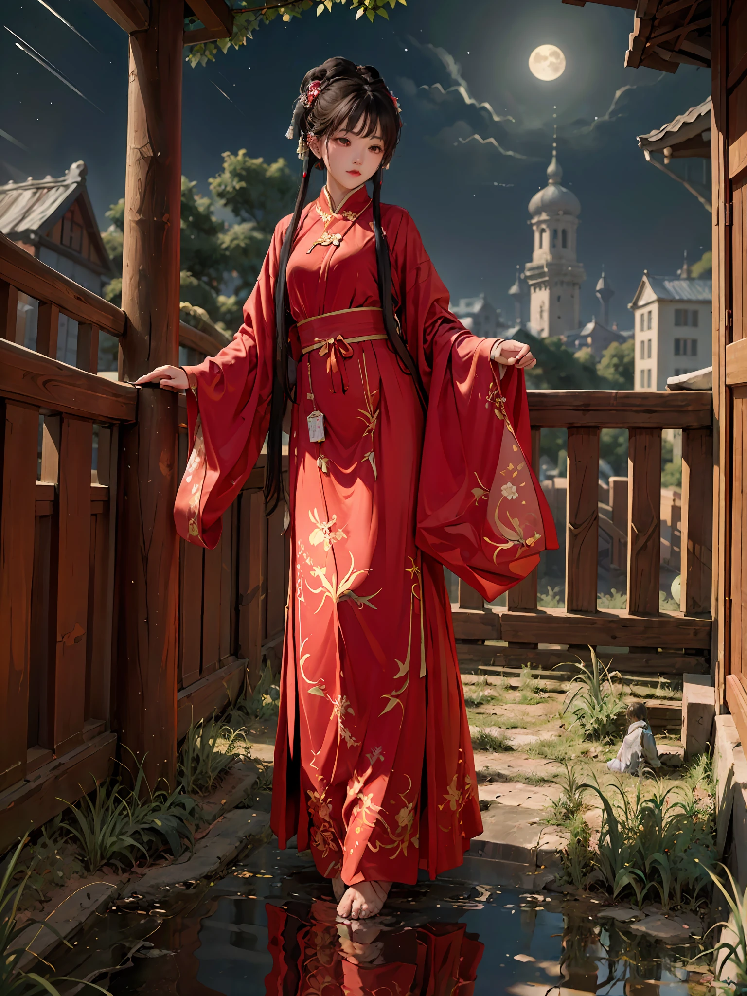 absurdres, highres, ultra detailed, (1girl:1.3), hand drawn, simple line, ar girl in red color Chinese Hanfu , barefoot,masterpiece, stand at cliff, moon light, night time,