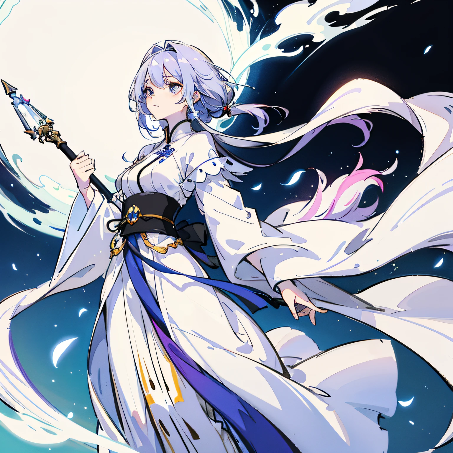 gradient color hair，woman，White robes，Side Body，Hold the staff in your hand。 --auto