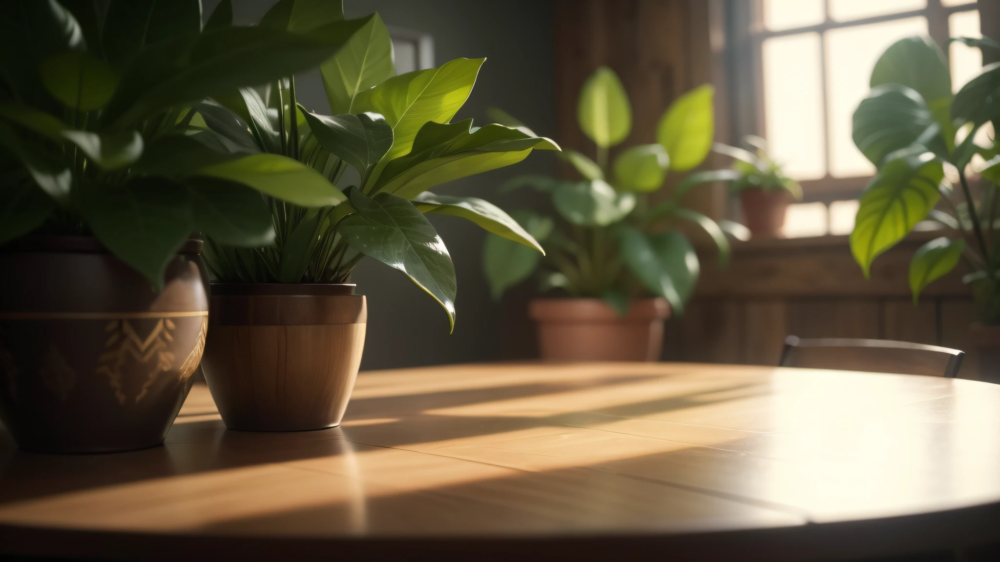 Hyper-realistic，The woodgrain table in the light is dotted with plants，blingbling，8K，3Drenderingof，outstanding，High-quality scenes，Empty space --auto