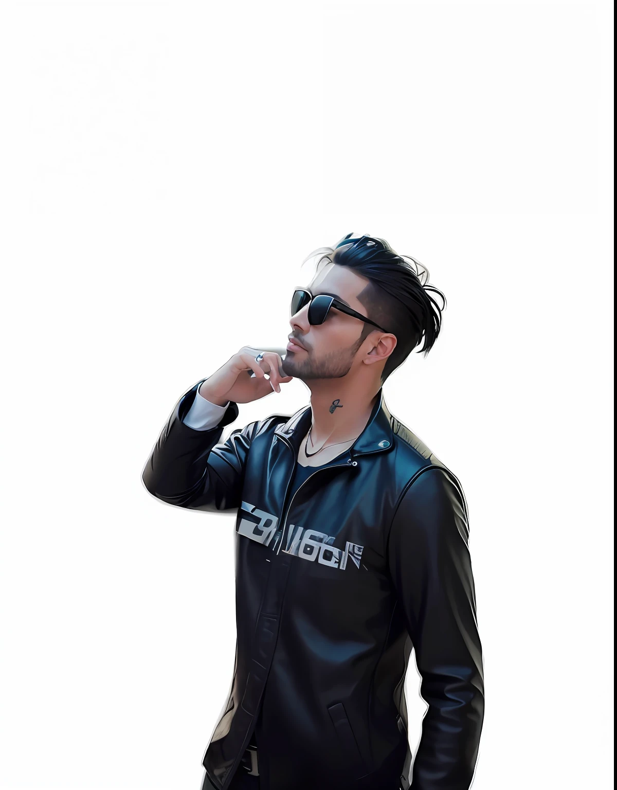 there is a man in a leather jacket and sunglasses talking on a cell phone, profile pose, stylish pose, wearing cyberpunk leather jacket, wearing leather jacket, high quality portrait, photoshoot, without helmet, male model, black leather garment, portait photo profile picture, looking heckin cool and stylish, wearing cyberpunk 2 0 7 7 jacket, leather clothing