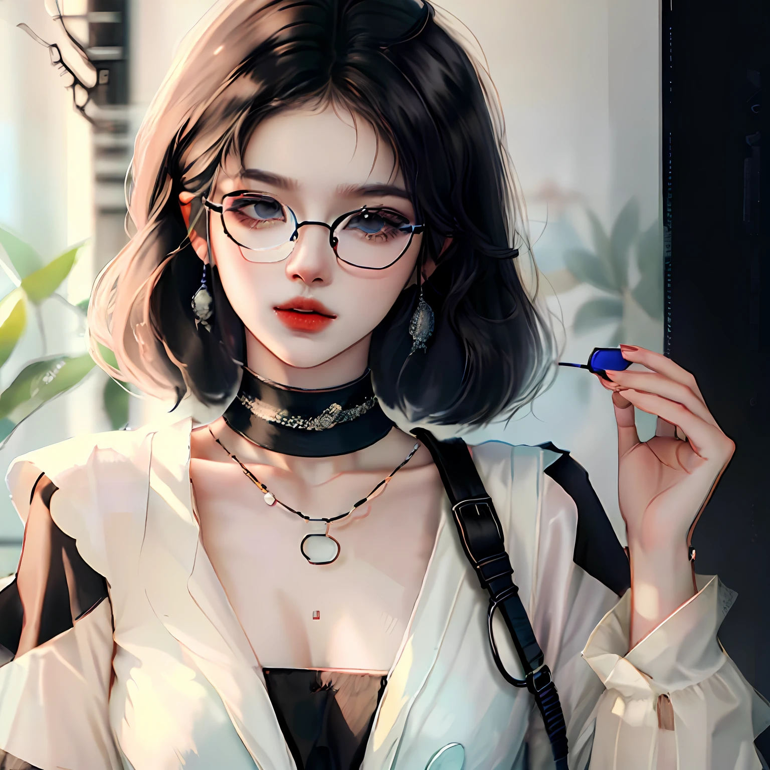 black color hair,white skinned,eye glass,Black clothes,short detailed hair,Brown pupils,The upper part of the body,Senior sister,Delicate --auto