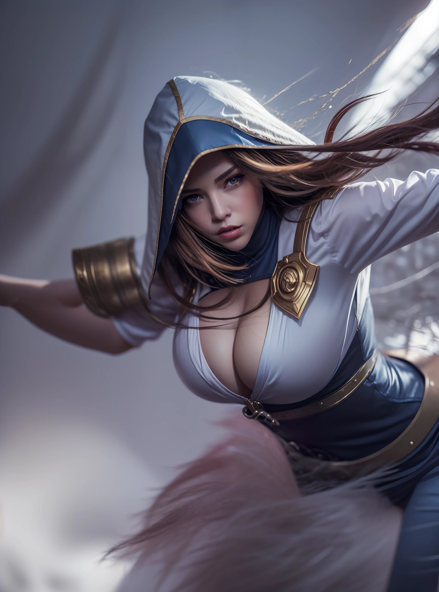 ((Best Quality, 4K, Masterpiece: 1.3)), a close up of a woman with armor arm in a blue outfit, ashe, katarina, miss fortune, leblanc, league of legends character, miss fortune league of legends, Big Breast, Huge Breast, Red Hair, 4K, HD, Ultra Realistic, extremely detailed