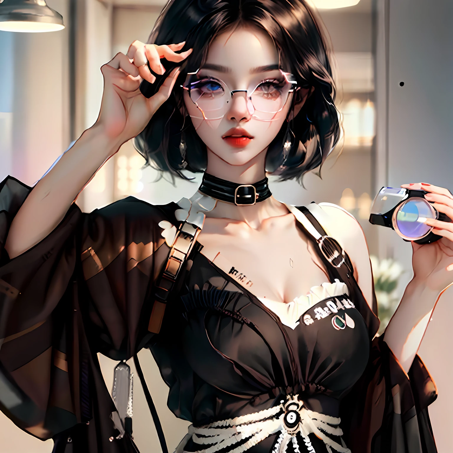 black color hair，white skinned，eye glass，Black clothes，short detailed hair，Brown pupils，The upper part of the body，Senior sister，Delicate --auto