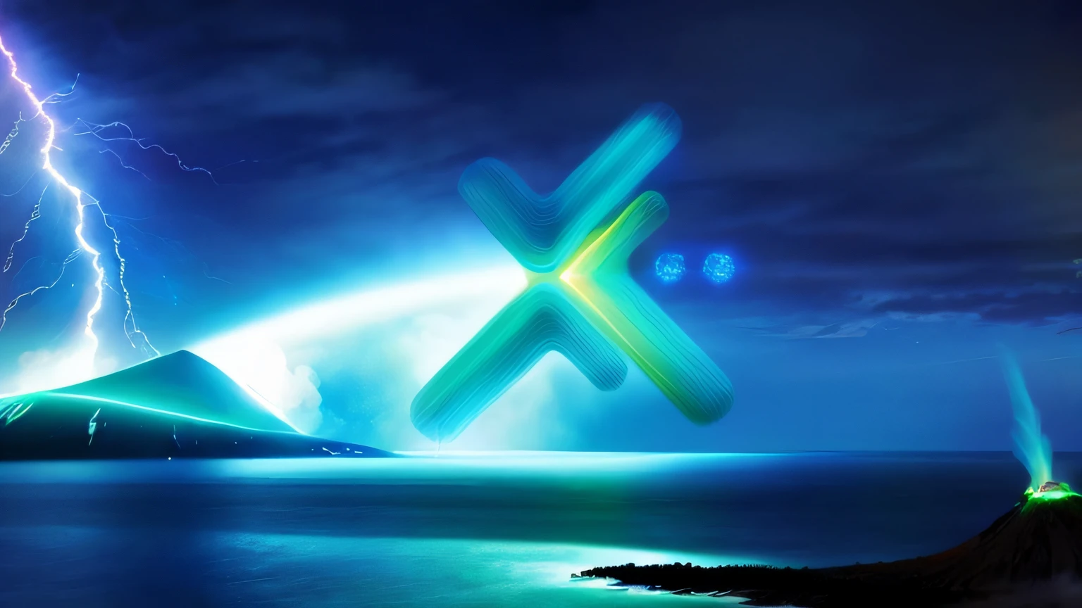dramatic sky, blue lightning Style: masterpiece, best quality, 8k, sharp focus, realistic, ((Detailed)), ((Dynamic pose)), ((Good Highlights)), (Perfect Proportions), (dynamic), (intricate), (complimentary colors), good perspective, (Professional), (Award winning)
ADDCOMM
volcanic island background
Red flame, soft particles, explosion
BREAK
green flame, soft particles, explosion
BREAK
blue  flame, soft particles, explosion
volcanic island background
