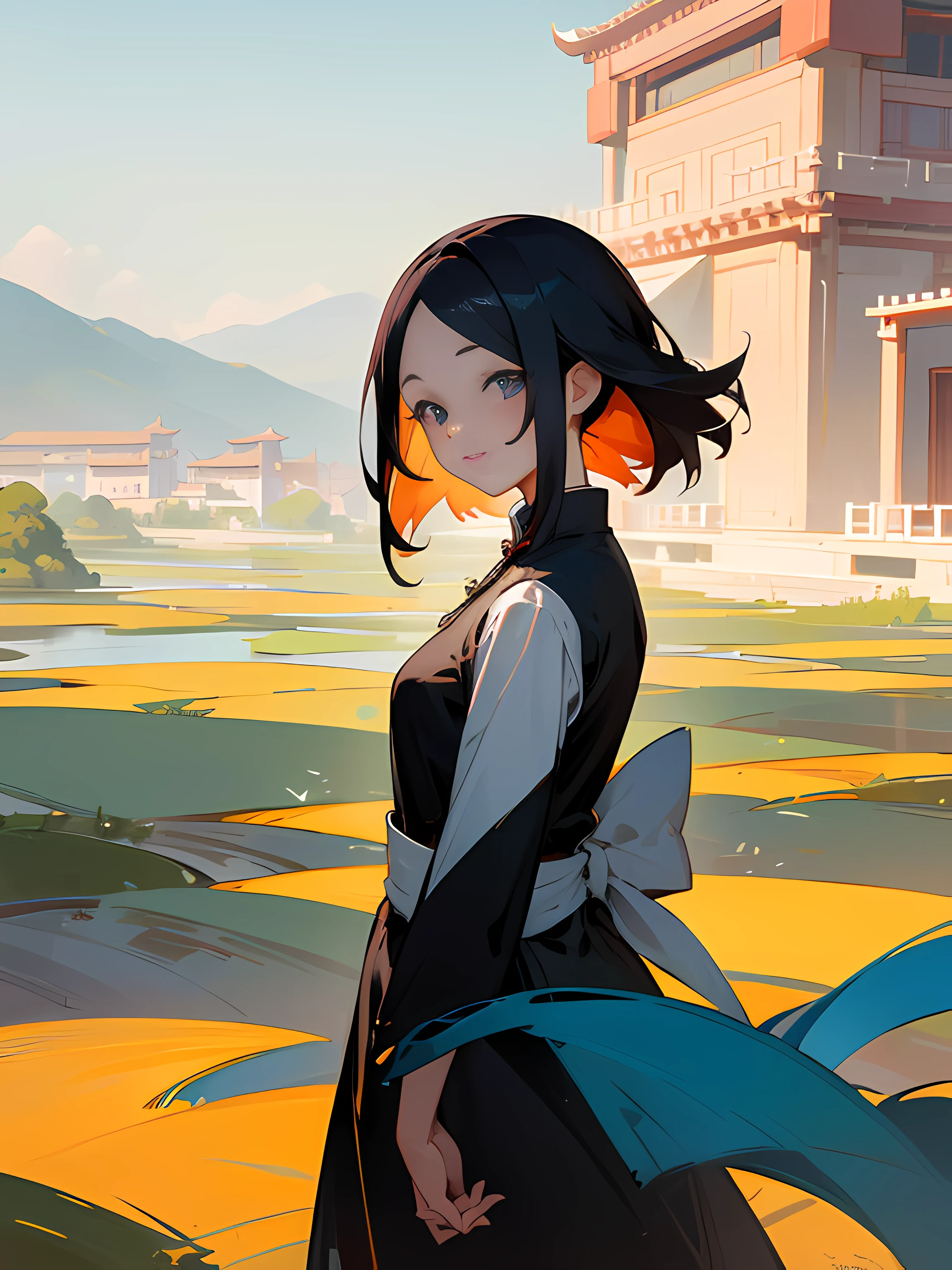 Best quality at best，tmasterpiece，A high resolution，1girl, Standing in front of a building,（Chinese landscape）， abstract paintings， looking at viewert，ssmile，closing the mouth，cparted lips，shift dresses，beautiful  face， --auto