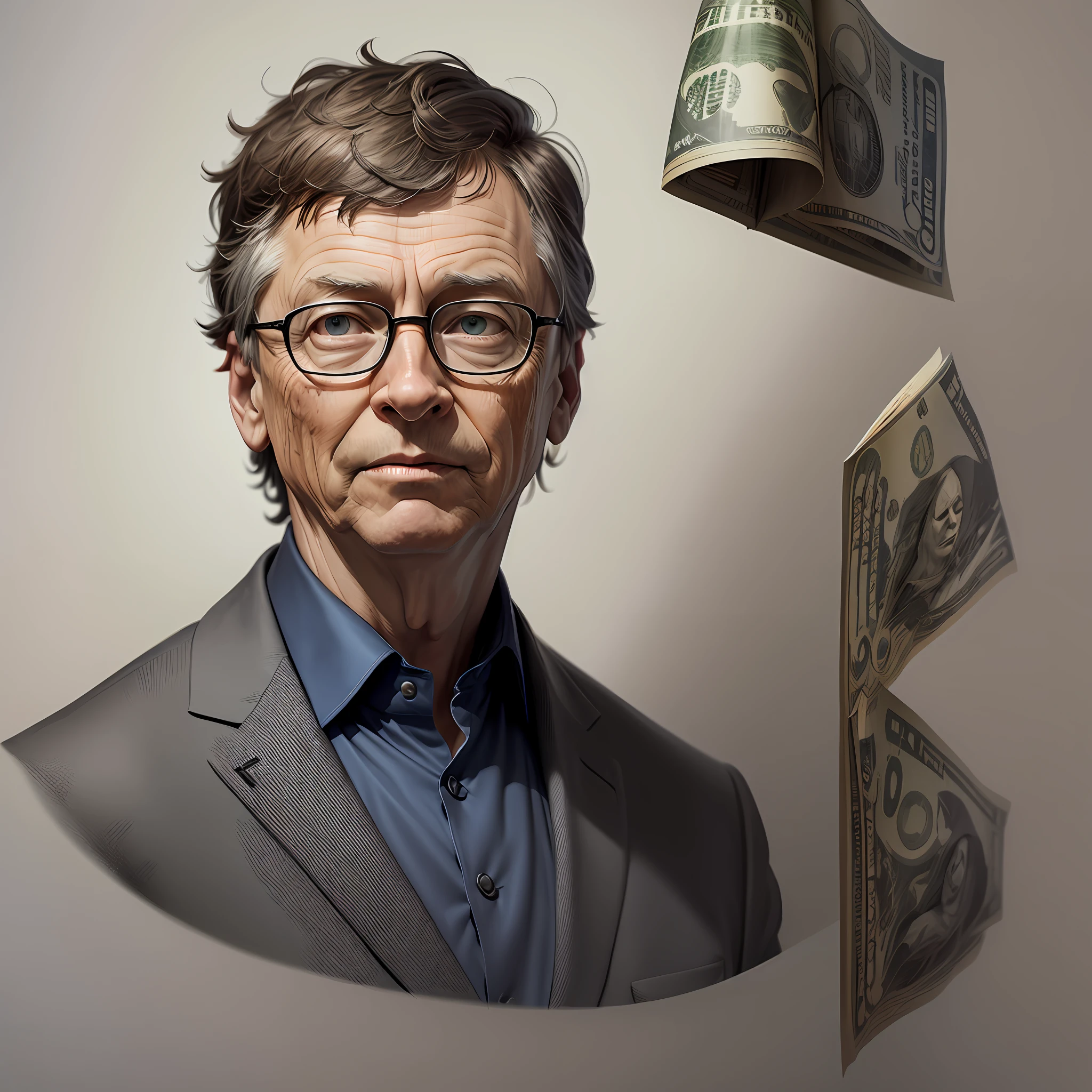 Bill gates on a dollar bill, concept art, 4k, line art