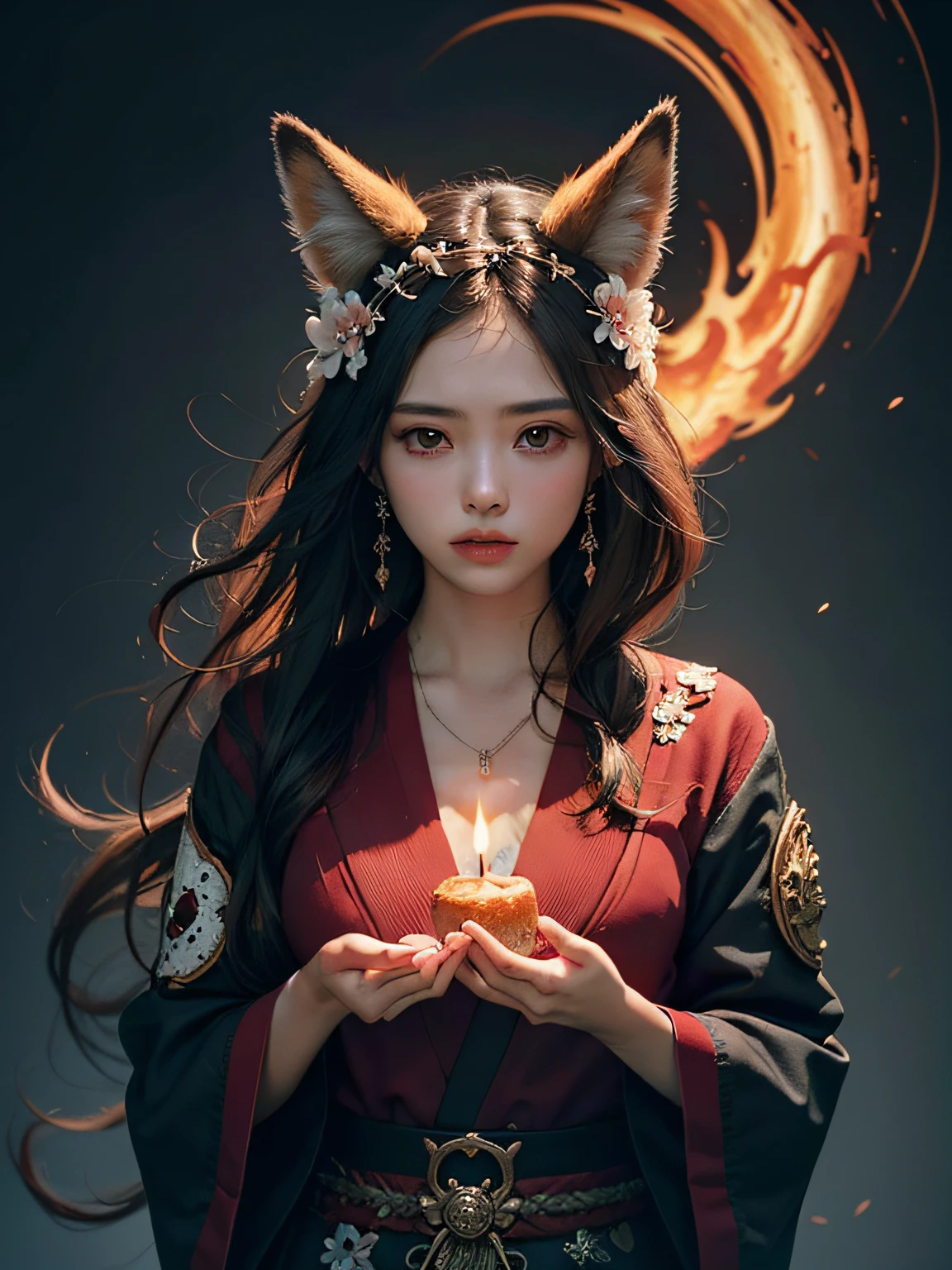 1girl, solo, official art, unity 8k wallpaper, ultra detailed, beautiful and aesthetic, masterpiece, best quality, photorealistic, (abstract background) (zentangle, mandala, tangle, entangle background:0.7) Kitsune, fox mask, haori jacket, foxfire spell, fox familiar, transformation, depth of field, Fantastical Atmosphere, the most beautiful form of chaos, elegant, a brutalist designed, flower of death, ecstasy of flower