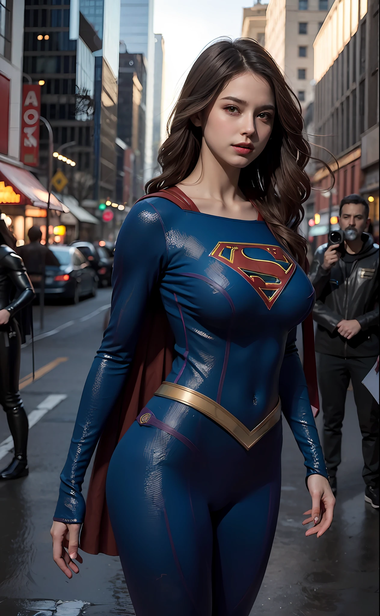 half-length,1girl,(Perfect figure,be tall and slim),solo,standing,(outdoor:1),sky,Focus on the face,Beautiful face,Detailed delicate young face,supergirl, (Super girl suit:1.5),Jumpsuit,(huge breasts,Big tits,Big breasts:1.3),thigh gap,camel toe, thigh gap,
realistic style,vivid picture,masterpiece, (best quality:1.2),ultra-detailed,realistic,High definition,High quality,Cinematic Light,Ray tracing,ultra high res,UHD,(photorealistic:1.5),intricate details,detailed texture,finely detailed,High quality shadow