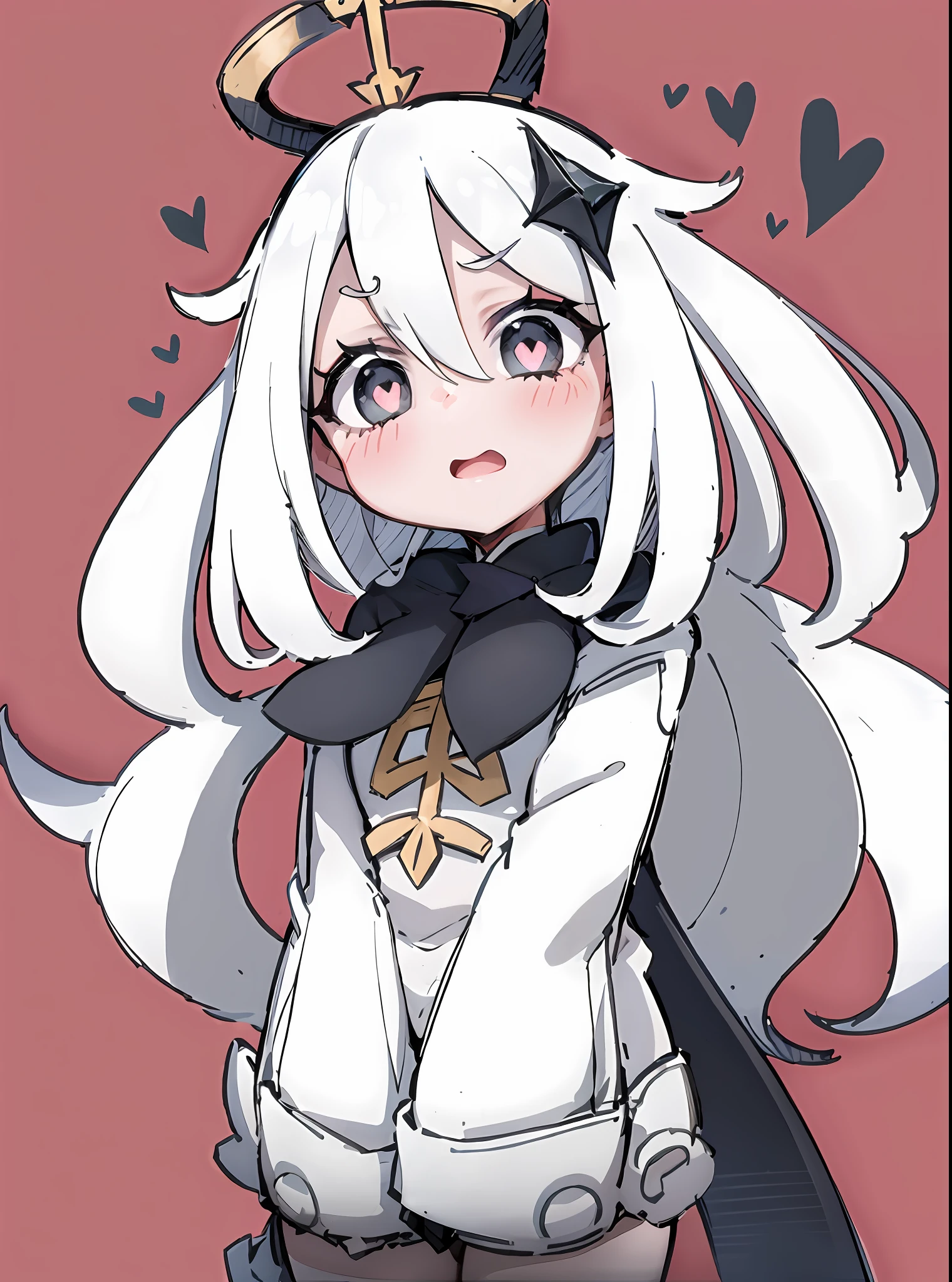 Anime girl with white hair, black cape and heart-shaped banner, of a ramlethal valentine, zerochan art, white-haired god, anime big breast《kingpin》Albedo in , small curvaceous loli, white haired Cangcang, Loli, shalltear from overlord, Albedo from Overlord, she has white eyes!!!, Ayaka Genshin impact