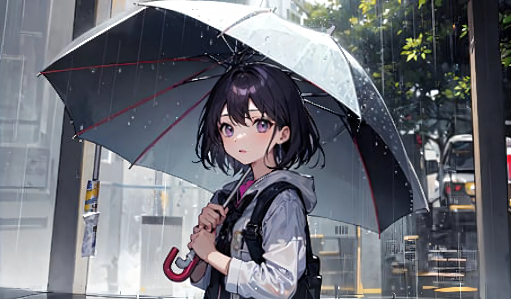 Anime girl with umbrella, rainy days, rained, Rainy weather, rainy wet, Guviz-style artwork, anime visual of a cute girl, In the rain, anime moe art style, raining portrait, holding a umbrella, Holding an umbrella, under rain, rained!!, rained!, Guviz, after rain and no girls