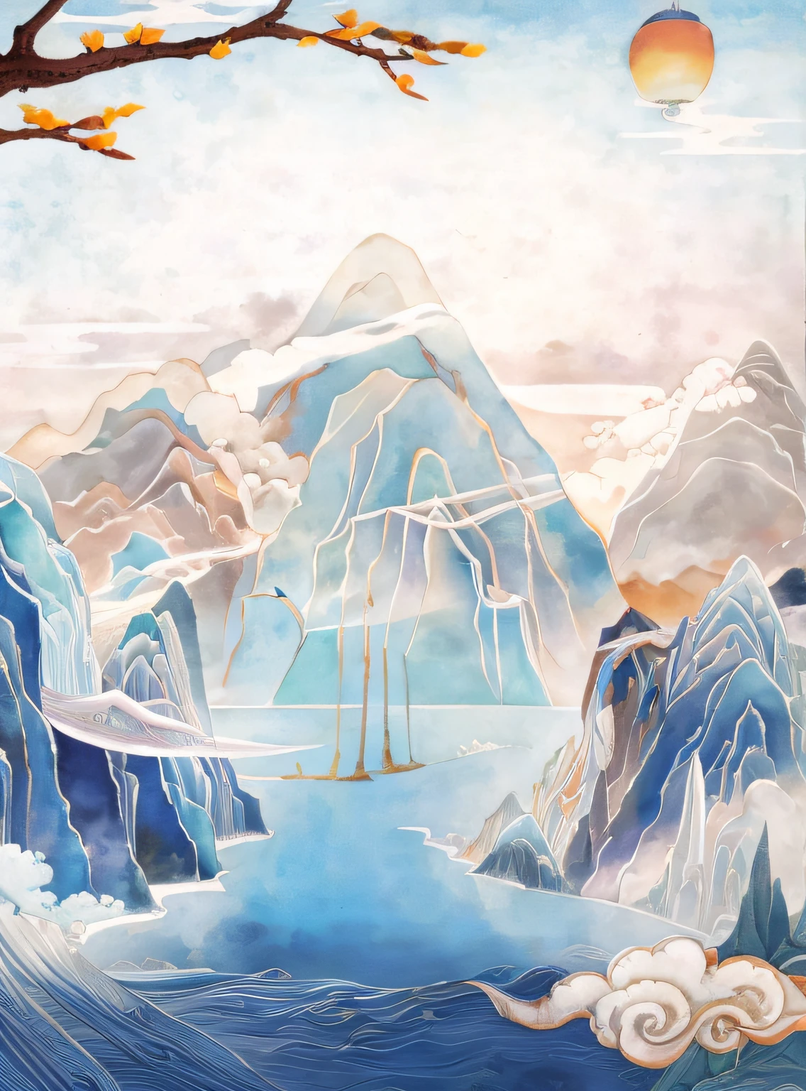 There is a painting,The painting is a boat in the water,The background is mountains, mountaineous background, mountainous background, beatiful mountain background, icy mountains in the background, mountains background, Mobile game background, fairy tale style background, Mountain background, mountains in fog background, icy mountains in the background, ice mountain, Snowy mountain background, with a snowy mountain and ice