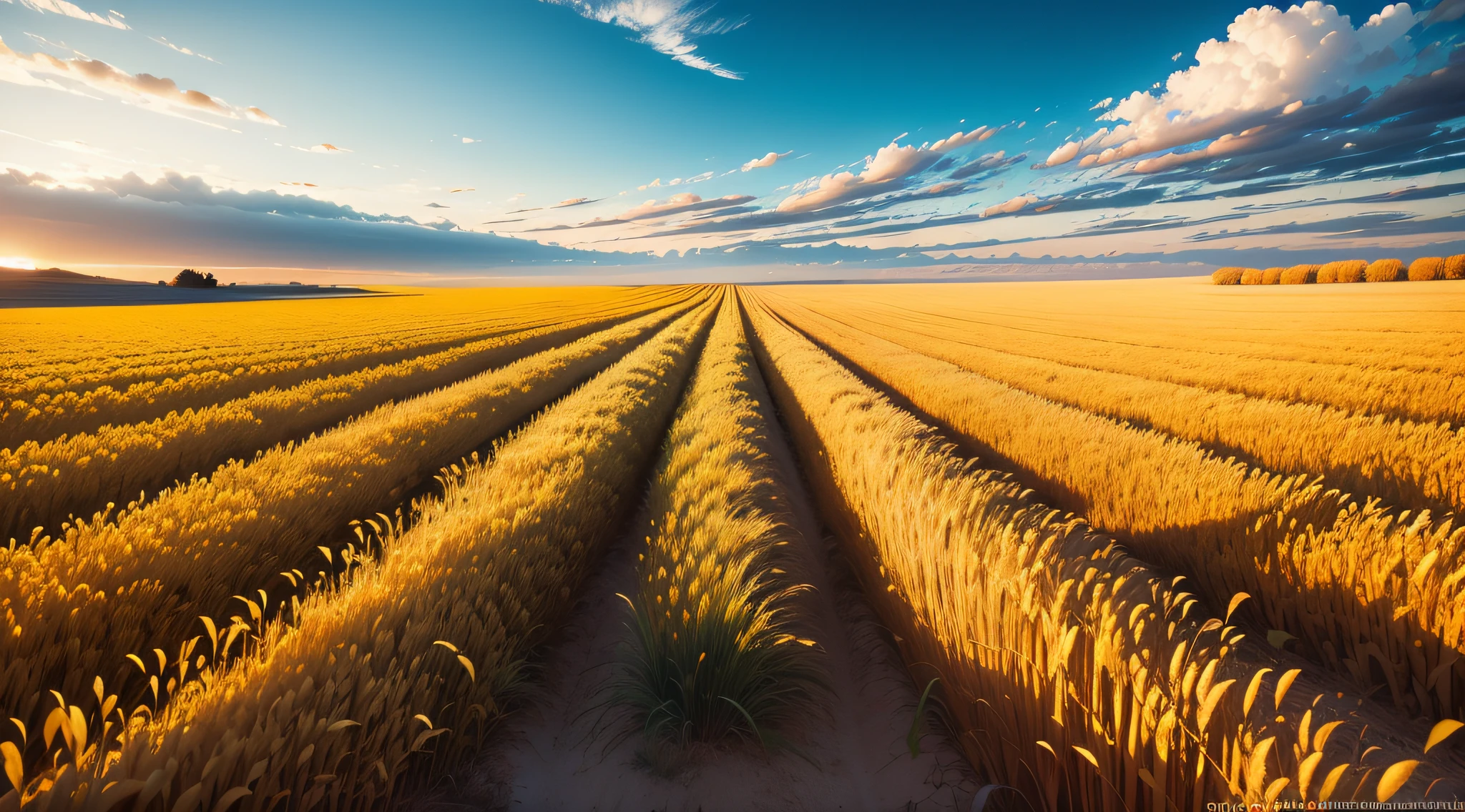 Golden wheat fields are connected to the blue sky and white clouds，bumper harvest ，harvest，photorealestic，photography of --auto