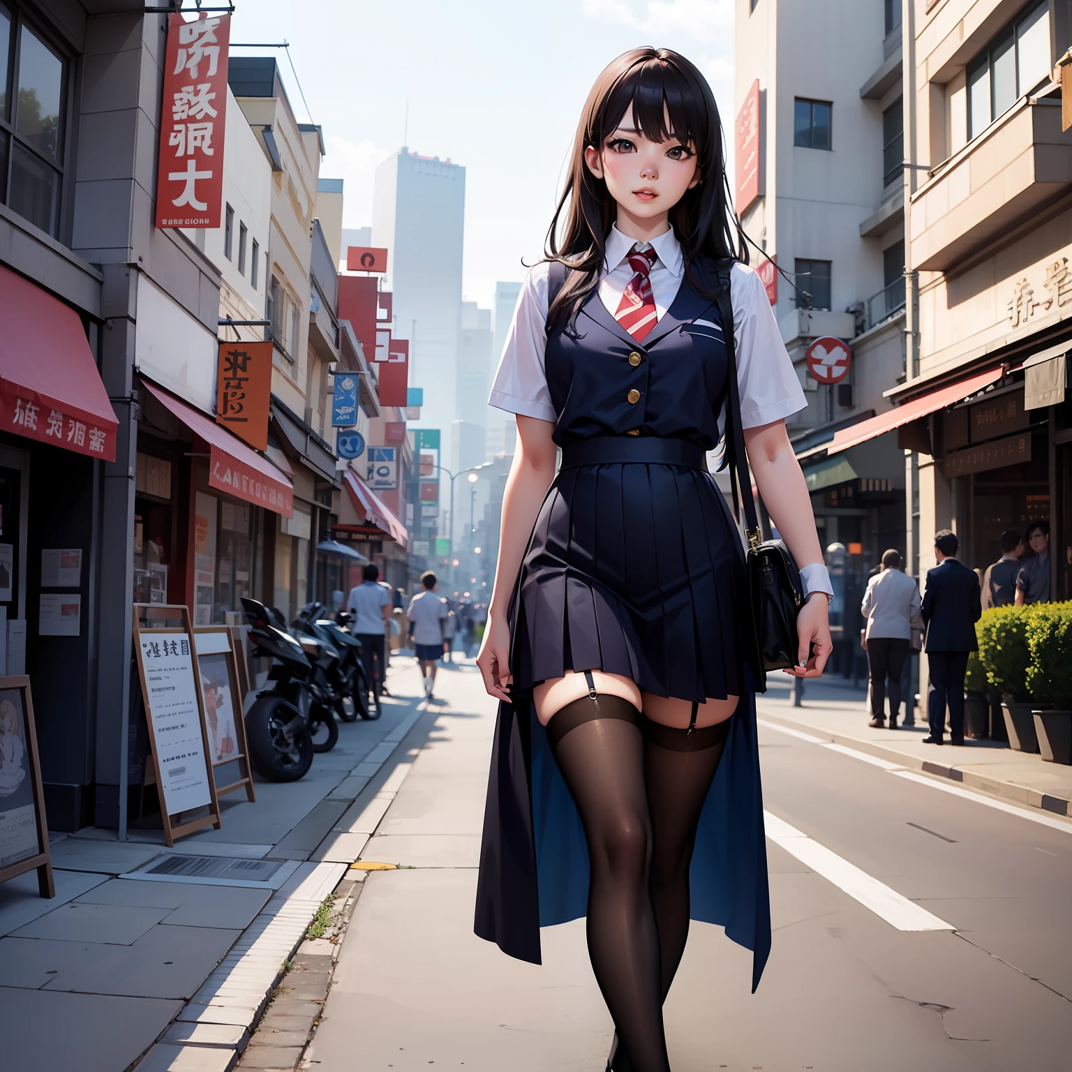 Asian woman in skirt and stockings walking down the street，intriguing outfit，very sexy outfit，at a city street，gorgeous chinese model，at a city street，Dress neatly，A surreal schoolgirl，Sexy outfits，revealing outfit，Dress appropriately，dressed with long fluent clothes，Surreal schoolgirl，japanese goddess，Dressed in beautiful white，best qualitc，Masterpiece、，resoulution ultra-Highresolution，lifelike，a hyper realistic，an ultra realistic