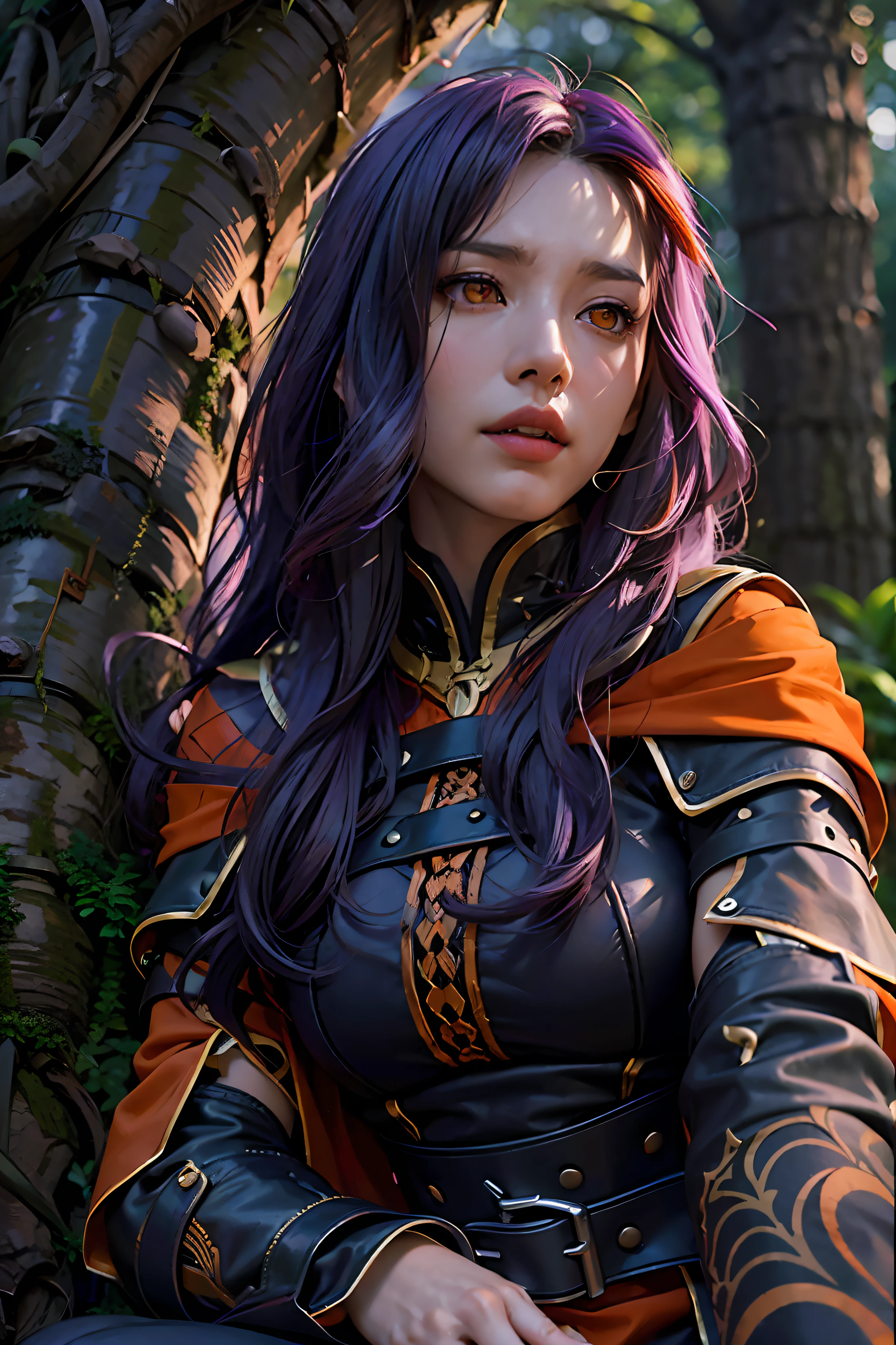 A medieval thief sits against a tree from being chased, 1girl, longhair, purple hair, (orange eyes:1.4), cowboy short, realistic, hyperdetail face, hyperdetail beautiful, sharp, realistic shadow, BLACK Medieval thieves costume, masterpiece, 8k, best quality, UHD, anatomically correct, textured skin, super detail, high details