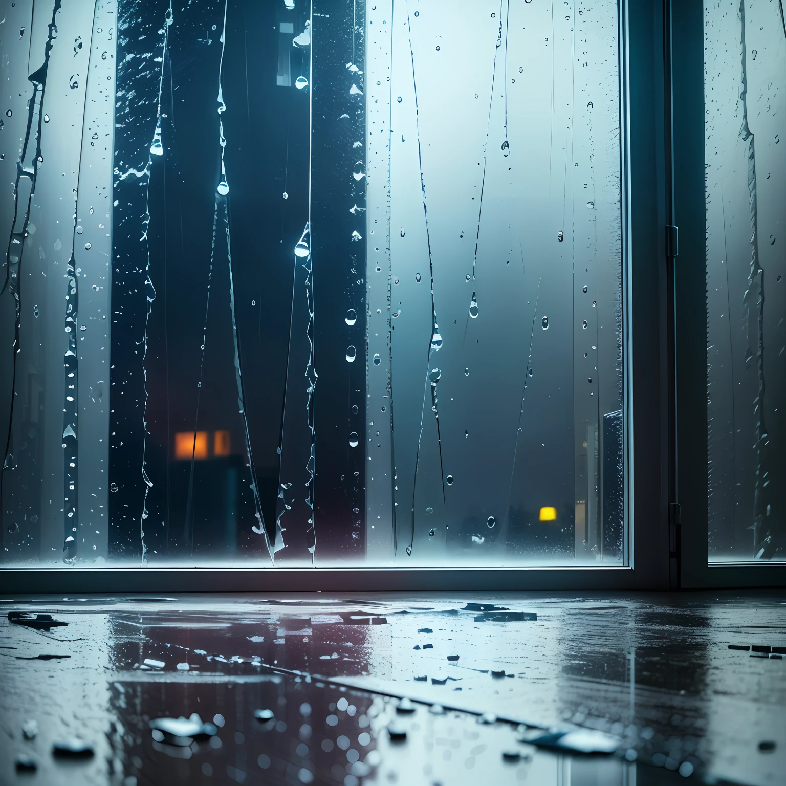 Photos of windows(Look out from inside the room,Outside is a rainy city and neon lights,There are obvious raindrops on the glass windows and watermark marks left by rain streaking through the glass) --auto