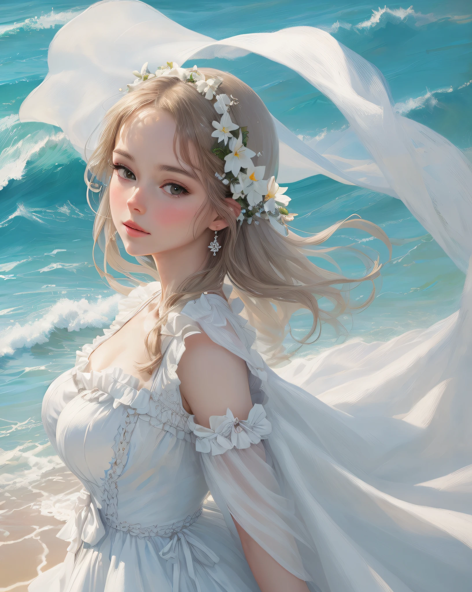 artistic portrait of a beautiful woman, masterpiece,beach scene,white dress,close up