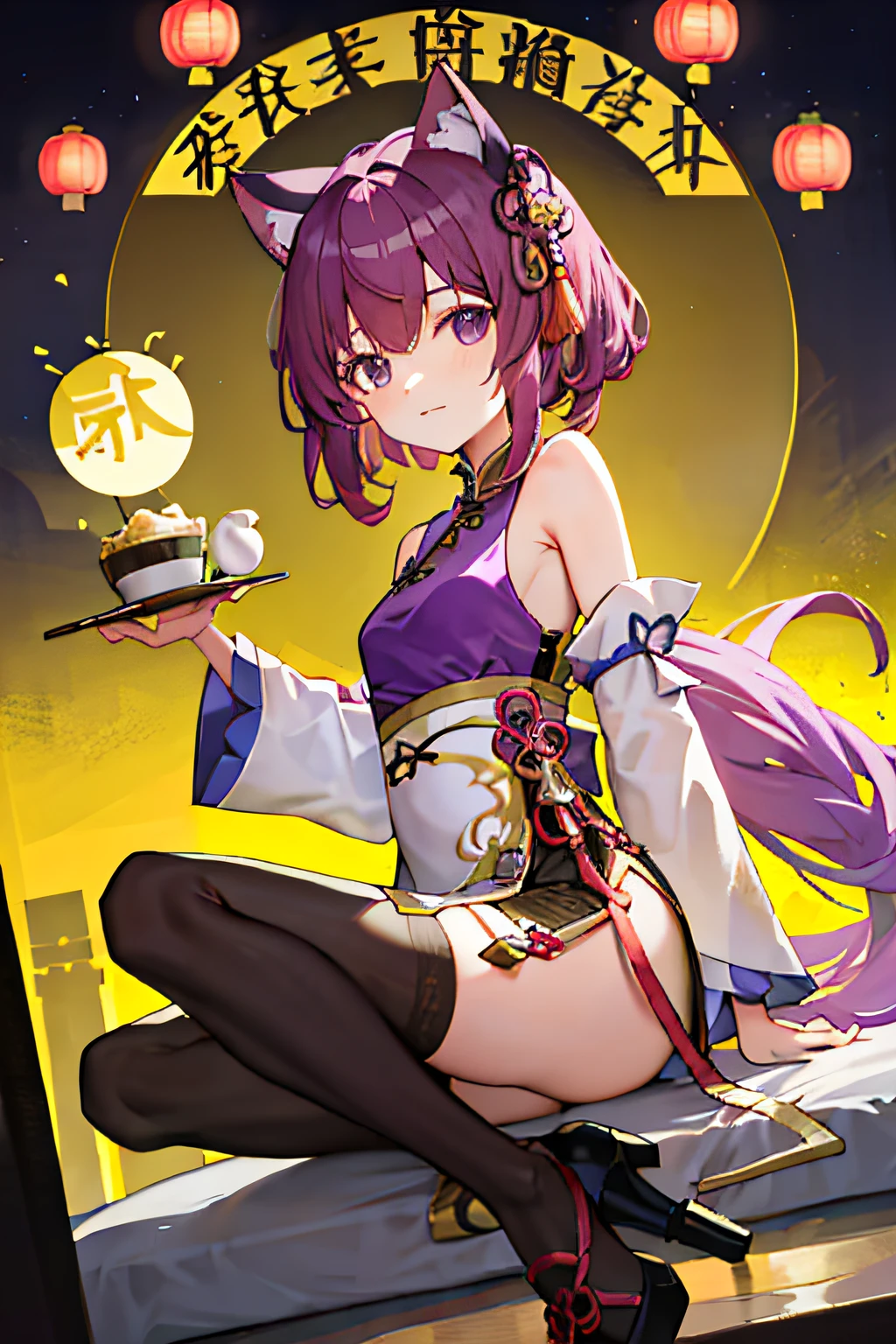 16k,HD,Long purple hair,Cat ears,Purple jewel colored eyes,15year old,Thin stature,Height 170mm,Dark purple bandeau evening dress with gold stripes(Chinese dress),Black tights(The left thigh is decorated with gold patterns),Bare shoulders,Small purple high heels,Yupei,Chinese,Lantern Festival background,A gentle breeze,In a busy city,Hold a cup of bubble tea,Very cute。