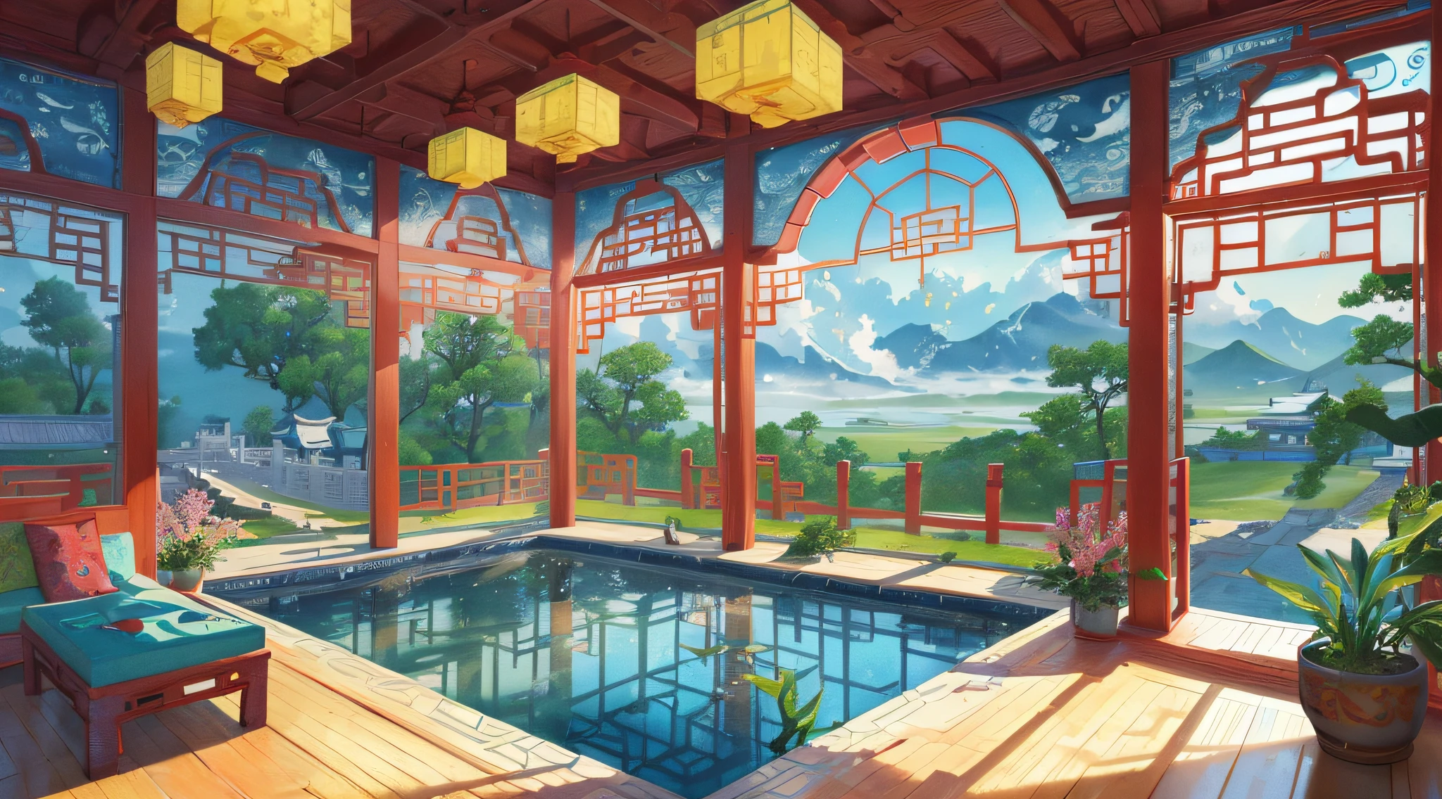 The game scene, the ancient Chinese palace is located above the clouds, surrounded by clouds and mist, majestic, glazed tiles, colorful rays of light, ((color ink)),((splash ink)),((splash ink) ink}) ), masterpiece, high quality, Refined graphics, high detail