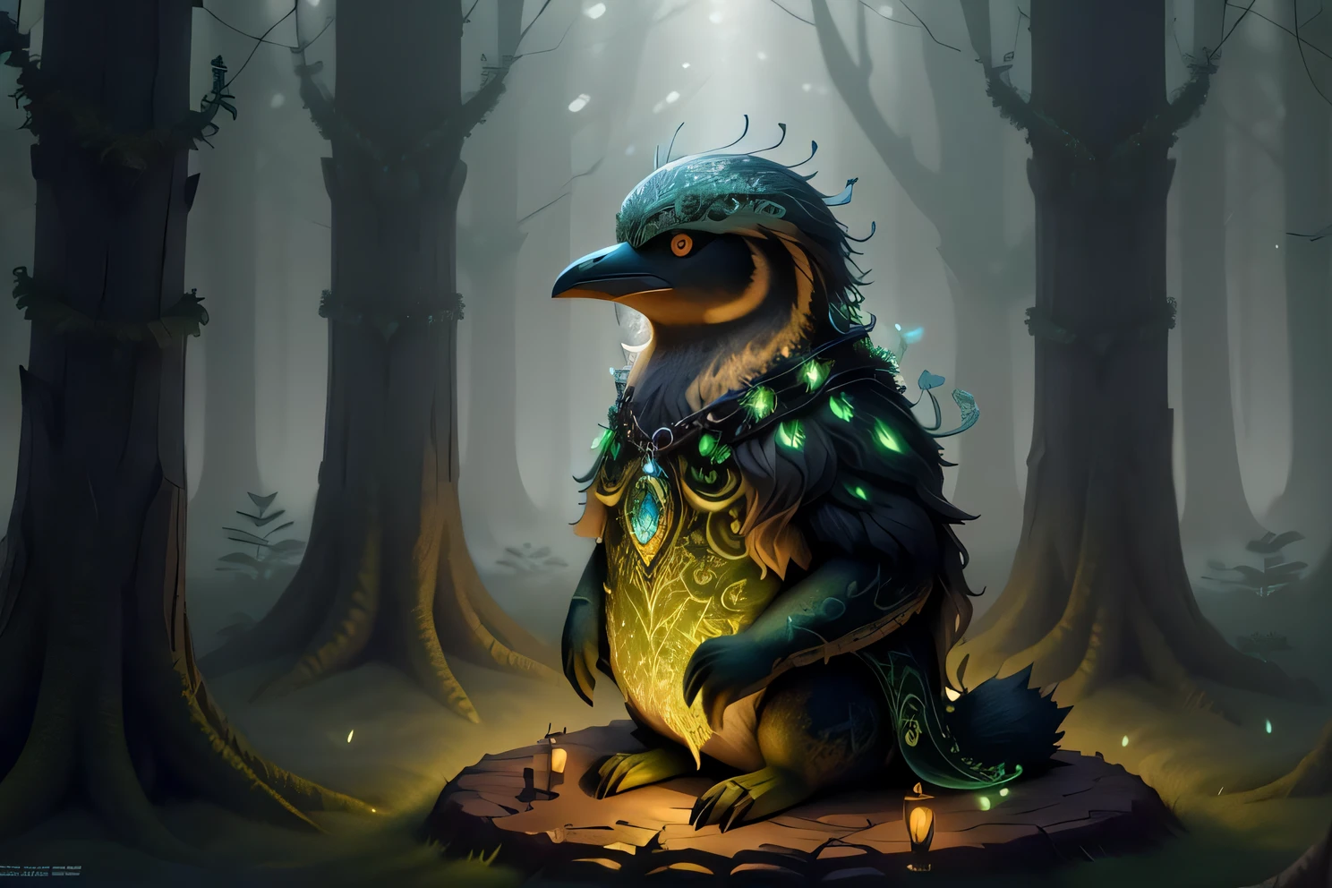 photo of a creature, monster, magic-fantasy-forest, digital art, most amazing artwork in the world, ((no humans)),volumetric light, soft balanced colours, forest scenery, vines, uhd, 8k octane render, magical, amazing, ethereal, intricate, intricate design, ultra sharp, shadows, cooler colors, trending on cgsociety, glowing eyes, ((best quality)), ((masterpiece)), (detailed), penguin,