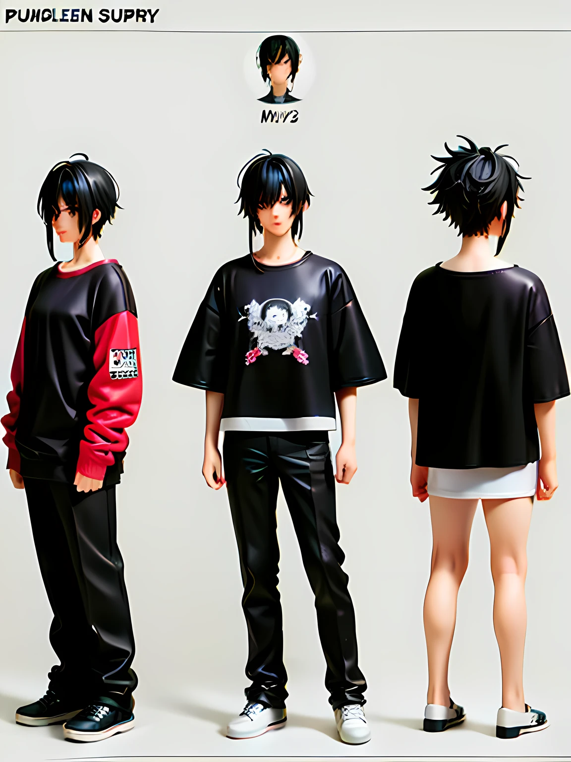 Reference sheet of pumped-up emo boy , Emo subculture, Nineties, Oversized clothing, hairlong