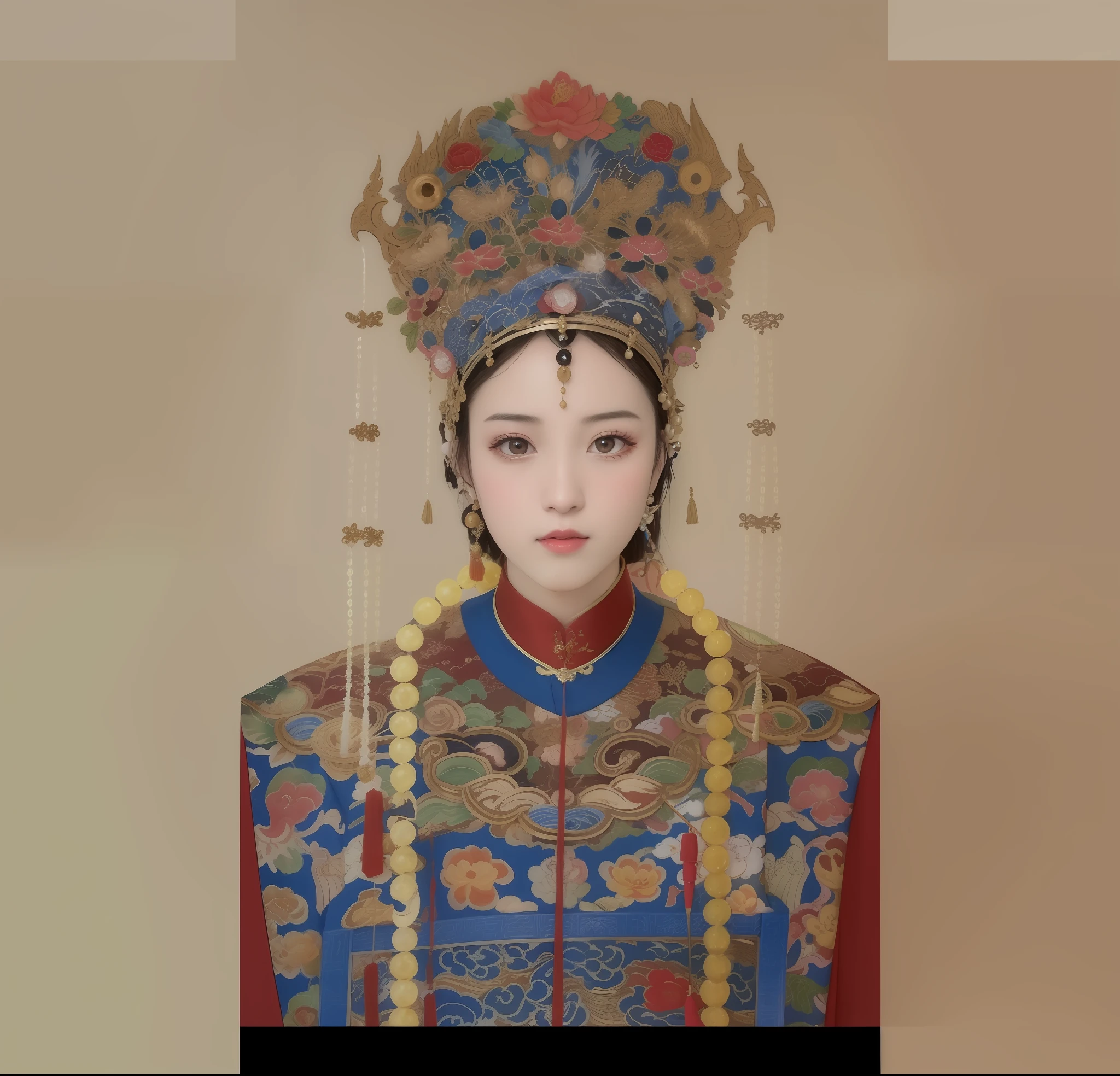 ((4K,Masterpiece,Best quality)), shuimobysim, Traditional Chinese painting, jewely, Hanfu, maxikit, Dress conservatively 1girl, Solo, brunette color hair, ssmile, standing on your feet,