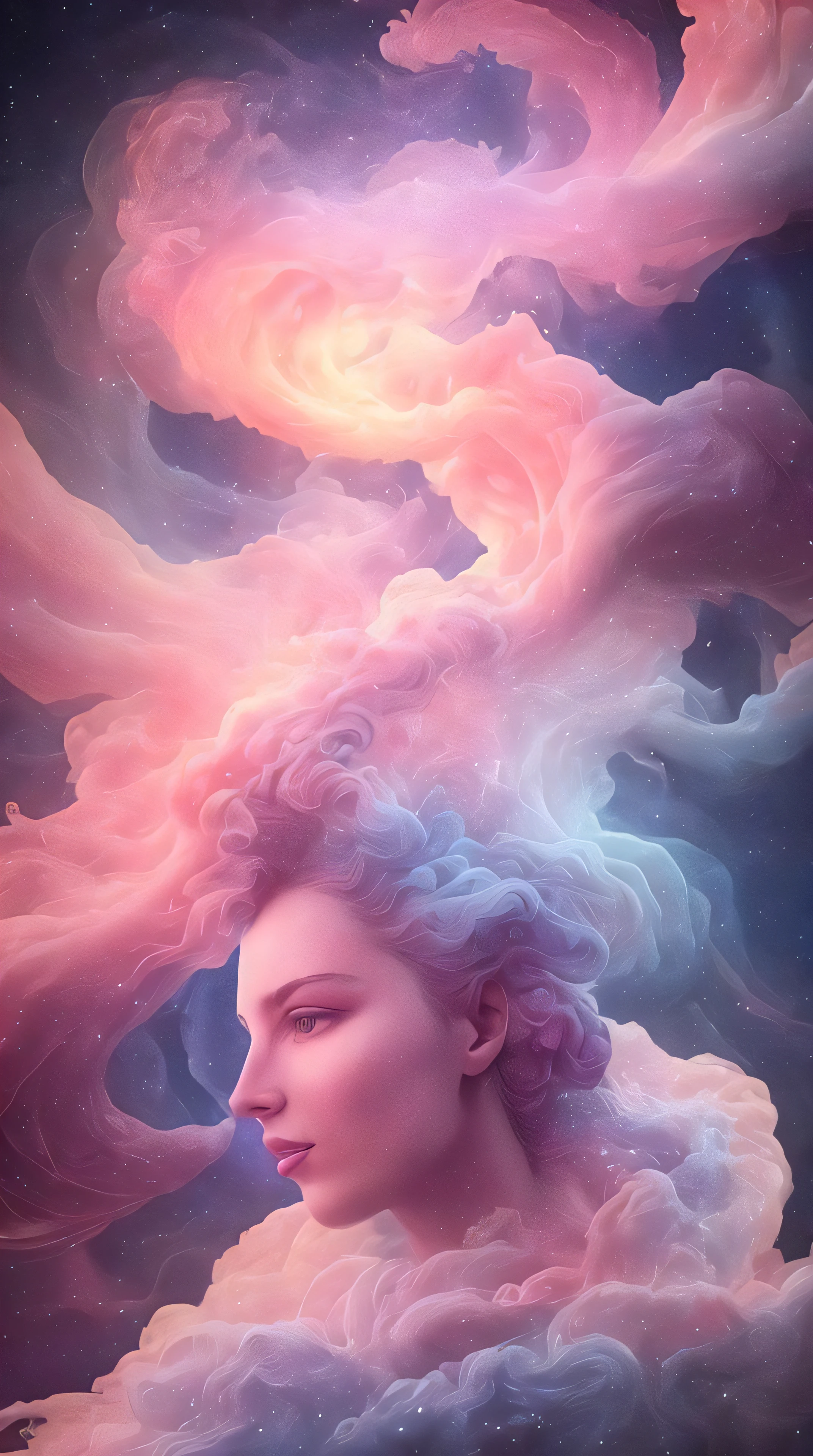 raytraced render and digital painting of the inconceivable and spectacular a scene of emergence of a figure from the glowing cloud, cosmic entities, celestial, cosmic, luxury, elegant, ornate, vibrant and vivid, smooth, soft billowing smoke, bright, heavenly, elegant, swirls, cosmic nebula vines, nebula threads, twirling, billowing, cinematic, unrealistic, high contrast, symobolism, magical, mystical, mystifying, obscure, perplexing, hyperrealistic, oversaturate, colorfully