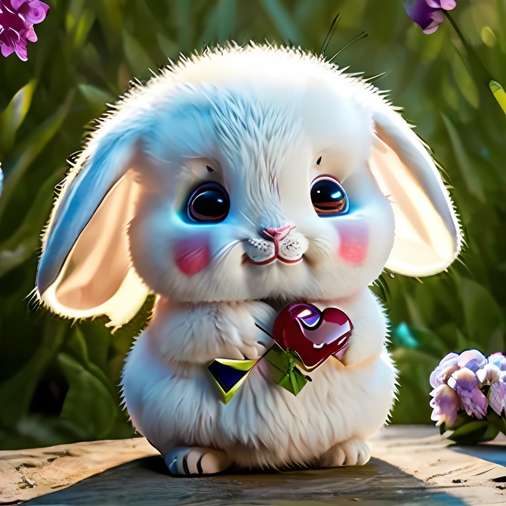 Rabbits are twice the size of normal rabbits,There is a horn on the brain door,Hanging long ears,It is covered with cherry pink glossy fuzz,A fluffy blob,The posture looks very good,Belch...... Plump...
