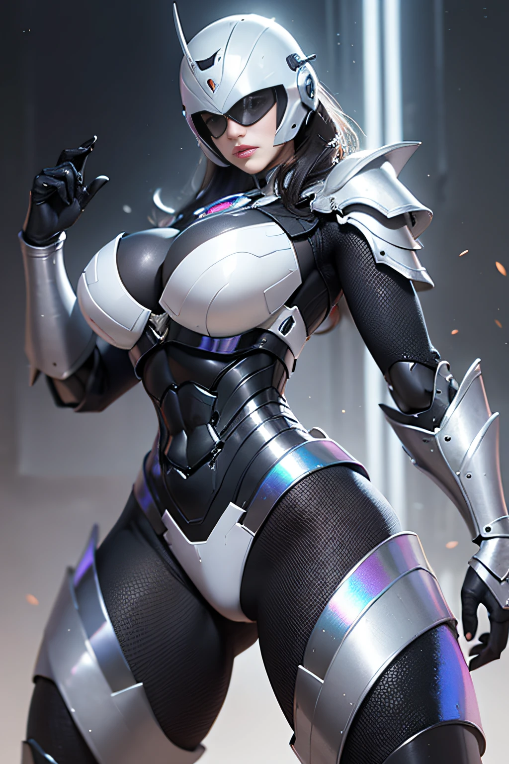 Female RoboCop、Armor that completely covers the whole body、very large chest-shaped chest armor,,Breast-shaped chest armor、Helmet to hide your eyes、Iridescent armor、Armor that completely covers the chest、Slender and long legs、Vibrant poses、full-body view
