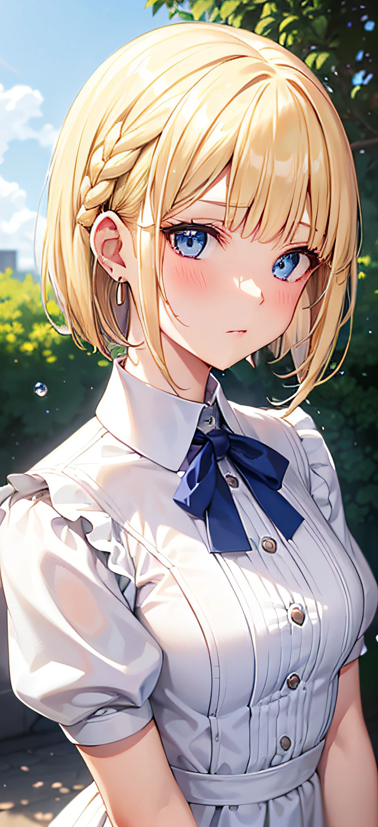 Best Quality,masutepiece,Glossy blonde,Blue eyes,White clothes, look down on, Upper body,Strands of hair,Fair skin,a short bob,wet through,french braids,Blush and redness,Blunt bangs,hoop earrings,Gradient Hair,Left sideburns are longer than right sideburns