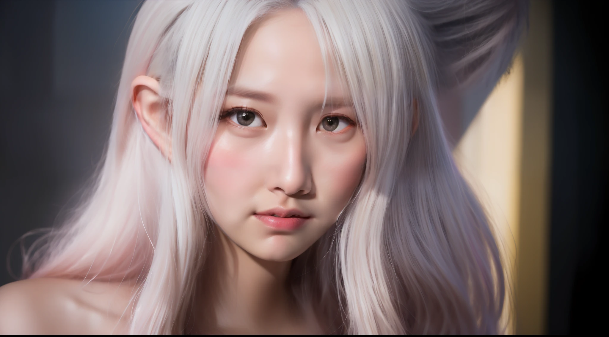 long eyelasher, Blushing ears ,Light blush, White hair, Long hair,, Atmospheric perspective, Cinematic lighting, Chiaroscuro, 8K, Super detail, ccurate, Best quality, hyper HD, A high resolution, Best quality,femele