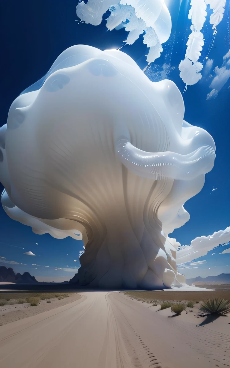 In the desert，A huge translucent milky white jellyfish cloud，Jellyfish clouds are the main body，Jellyfish clouds are transparent white --auto