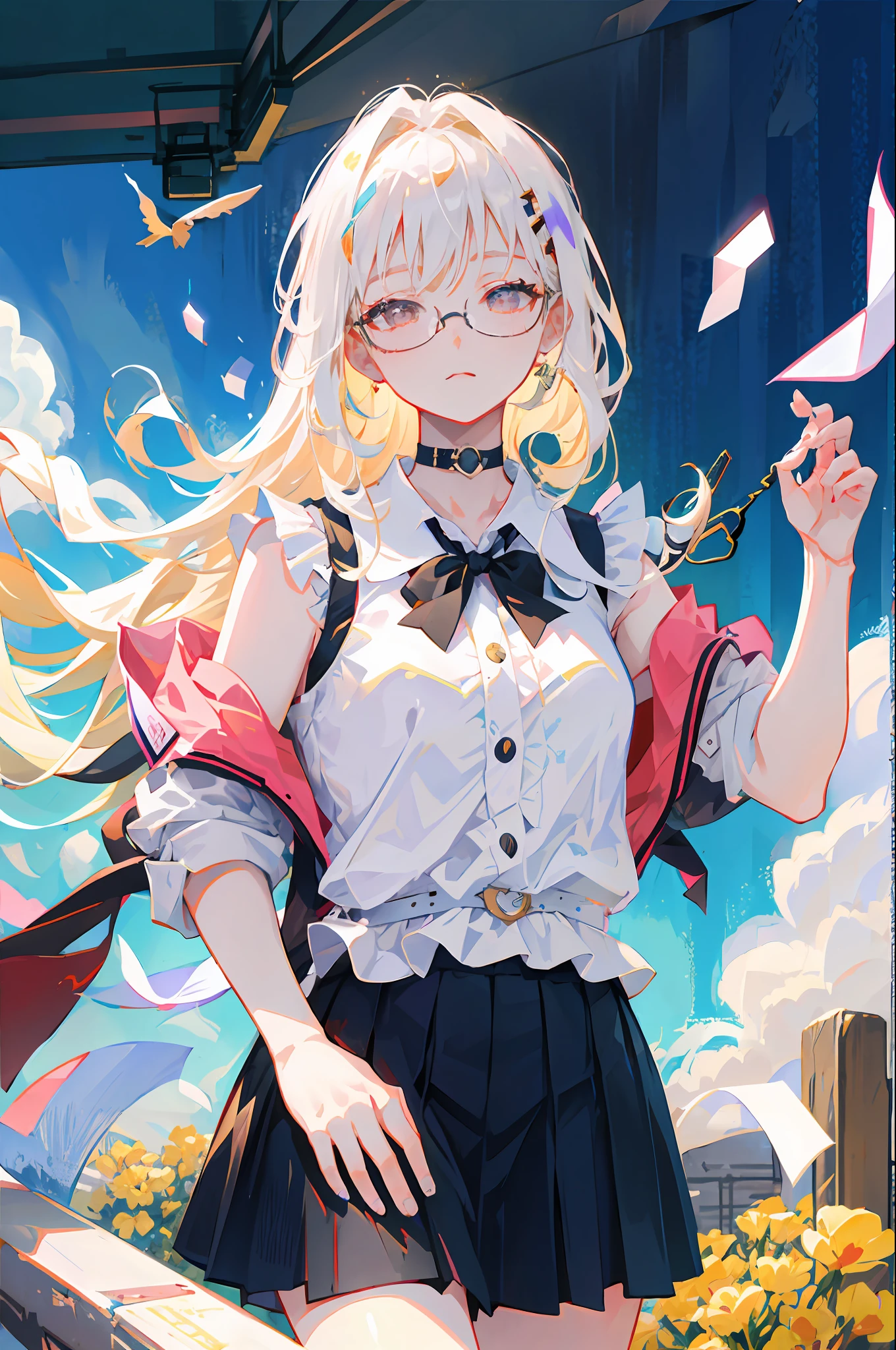 Best quality, 超高分辨率, (Photorealistic:1.4), 1womanl, sleeveless white button shirt, Black skirt, Black choker, ((Glasses)), (Kpop idol), (aegyo sal:1), (Platinum blonde hair Gray hair:1), ((Puffy eyes)), view the viewer, full body, Flowers
