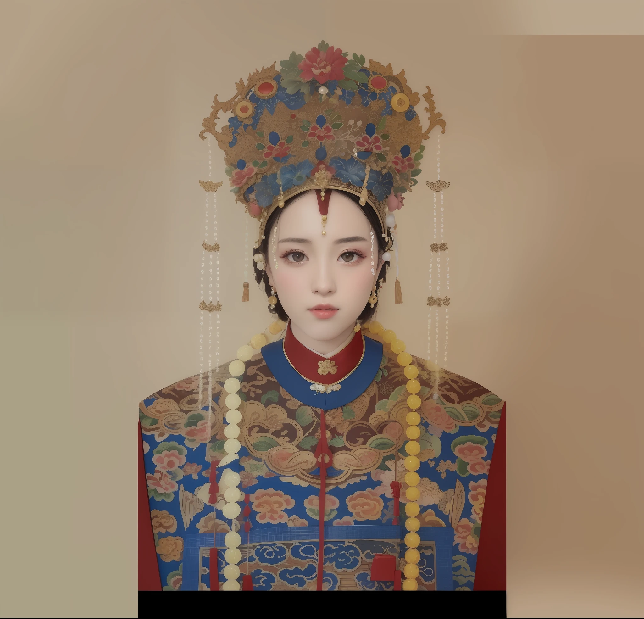 ((4K,Masterpiece,Best quality)), shuimobysim, Traditional Chinese painting, jewely, Hanfu, maxikit, Dress conservatively 1girl, Solo, brunette color hair, ssmile, standing on your feet,