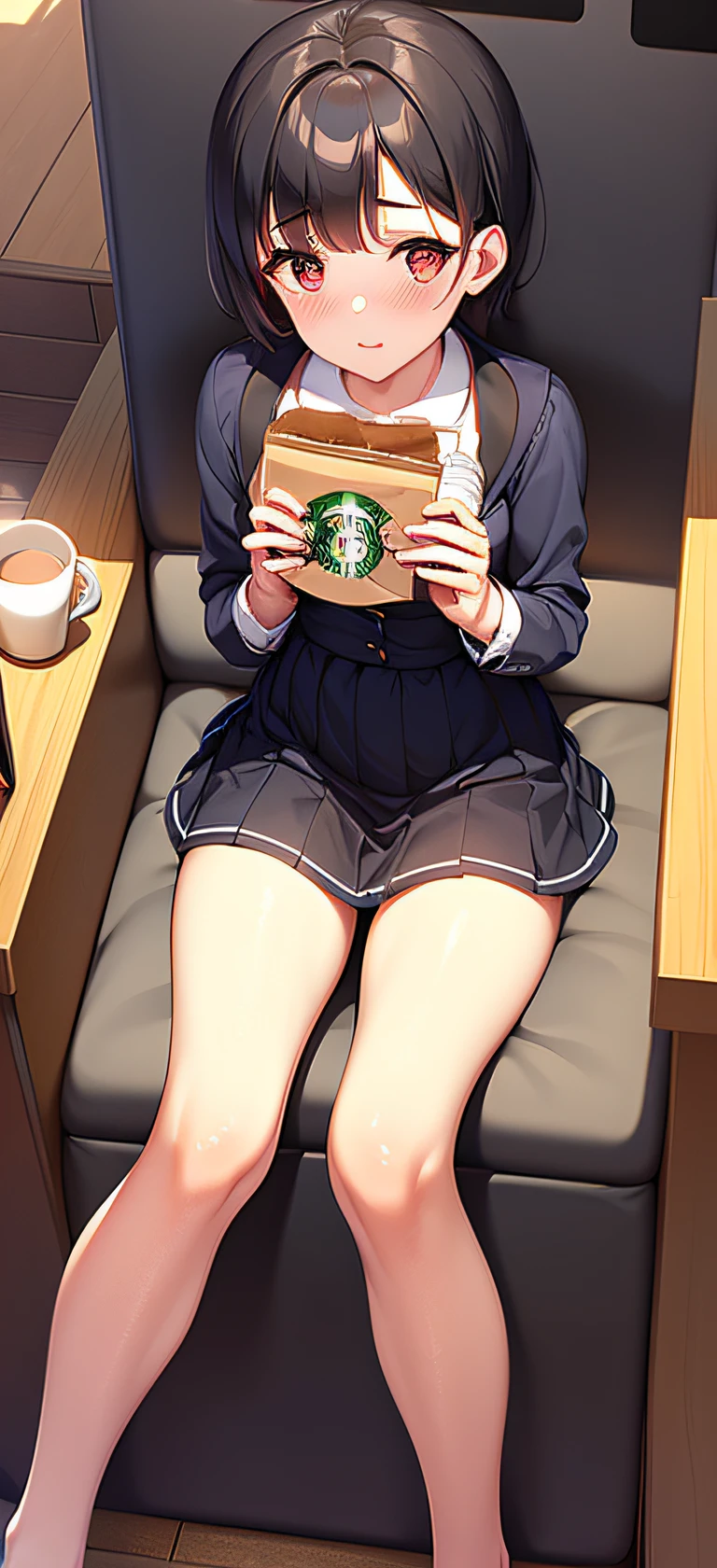 Best Quality,middlebreasts, Highest Quality,Very cute,Stars in the eyes,Black short hair,Red Eyes,校服,blush,1girl in, Daytime,Starbucks