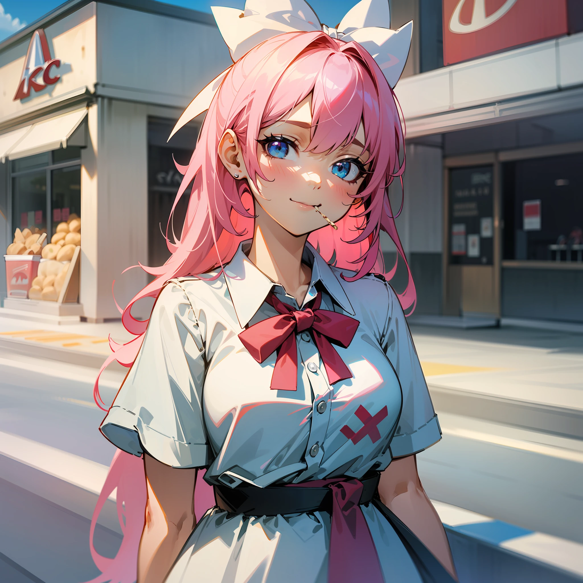 {{{{masterpiece}}}}, {{{hyper detailed}}}, {{{highres}}}, {{good anatomy}}, (((best quality))), ((an extremely delicate and beautiful)), {{an extremely detailed and delicate}}, {8k cg wallpaper},{illustration},
1girl,solo,pink hair,hair bow,loafers,smug,cloud,blue sky,looking at viewer
,in front of KFC,eating sundae,