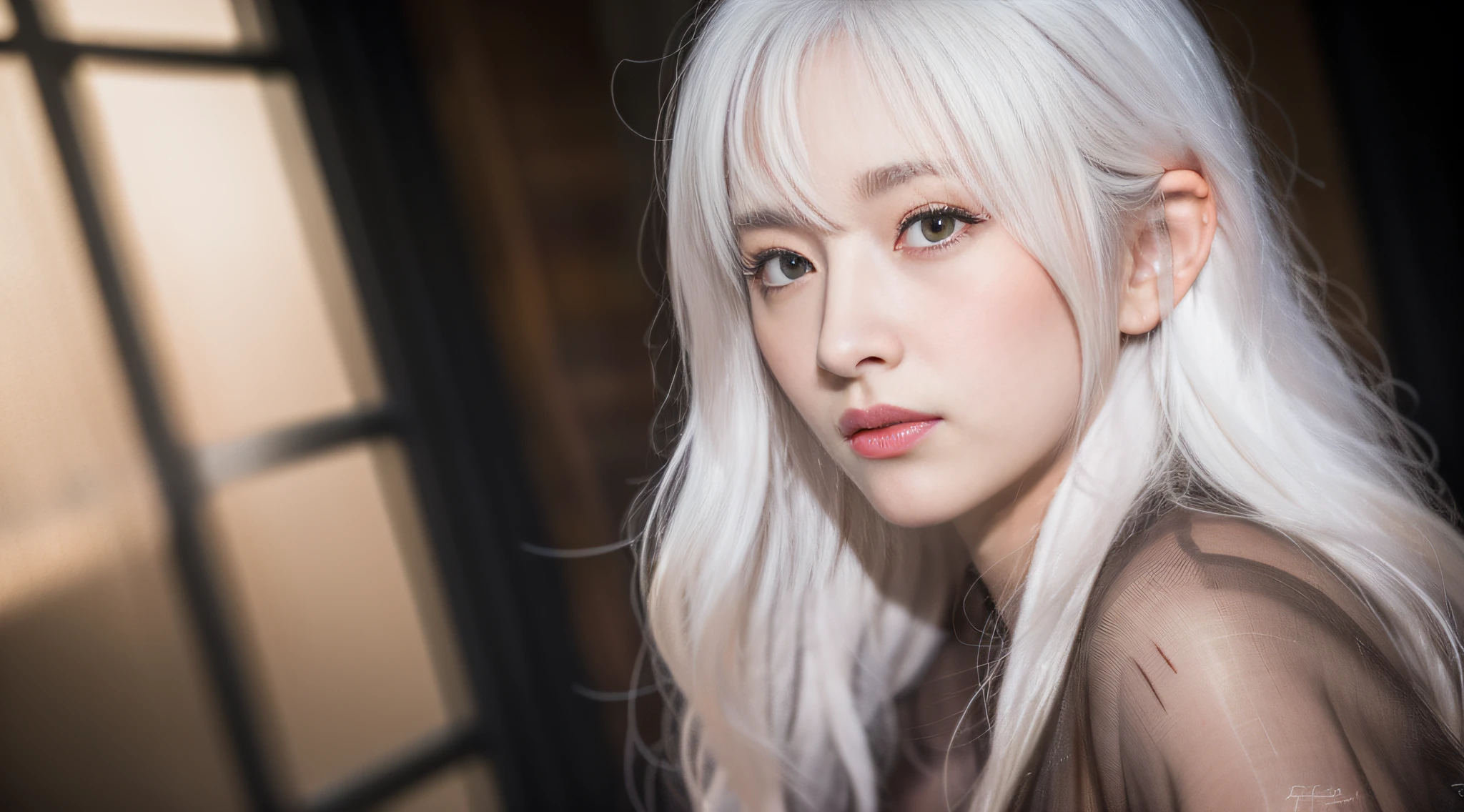 long eyelasher, Blushing ears ,Light blush, White hair, Long hair,, Atmospheric perspective, Cinematic lighting, Chiaroscuro, 8K, Super detail, ccurate, Best quality, hyper HD, A high resolution, Best quality,femele