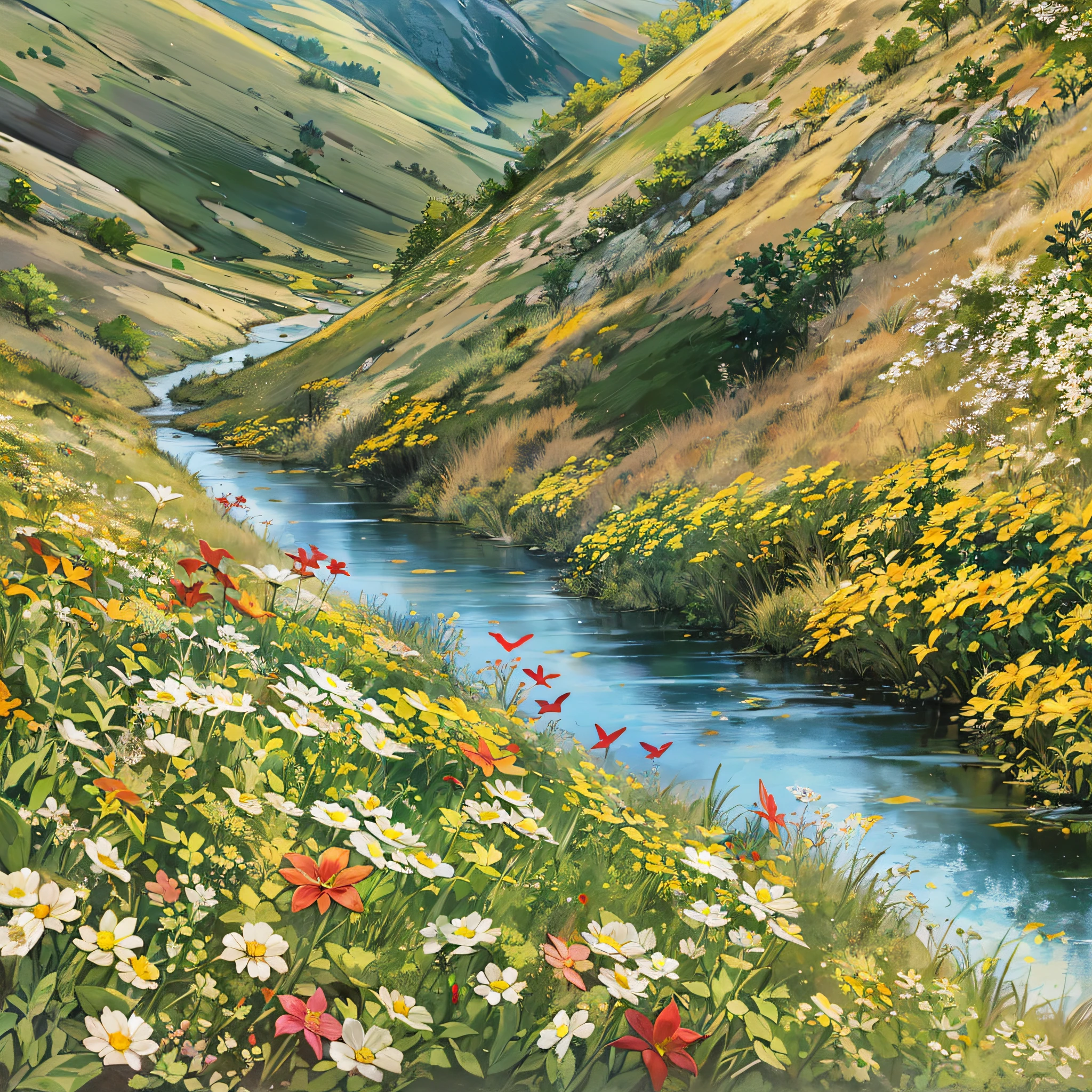 Distant scenery，Green mountains，clear blue skies，Flocks of birds flew in the sky，There are butterflies all around，Small river around，tussock，There are flowers on the ground，a warm color palette