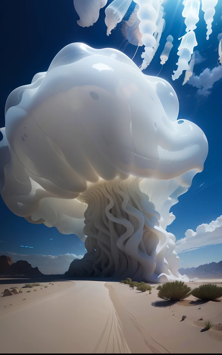 In the desert，A huge translucent milky white jellyfish cloud，Jellyfish clouds are the main body，Jellyfish clouds are transparent white --auto
