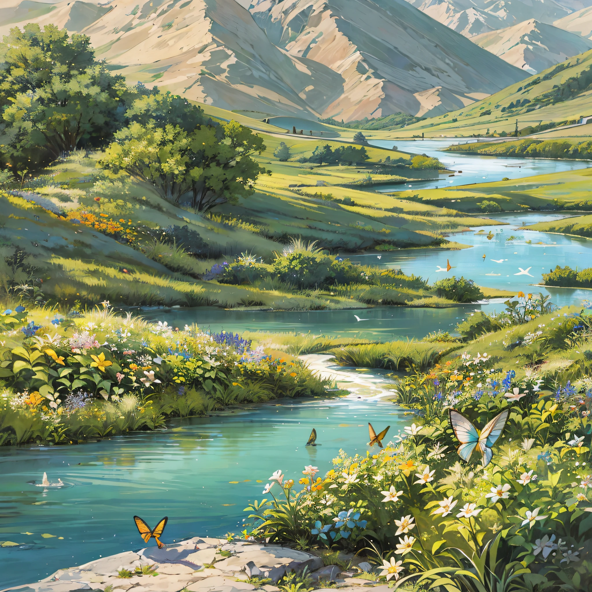 Distant scenery，Green mountains，clear blue skies，Flocks of birds flew in the sky，There are butterflies all around，Small river around，tussock，There are flowers on the ground，a warm color palette