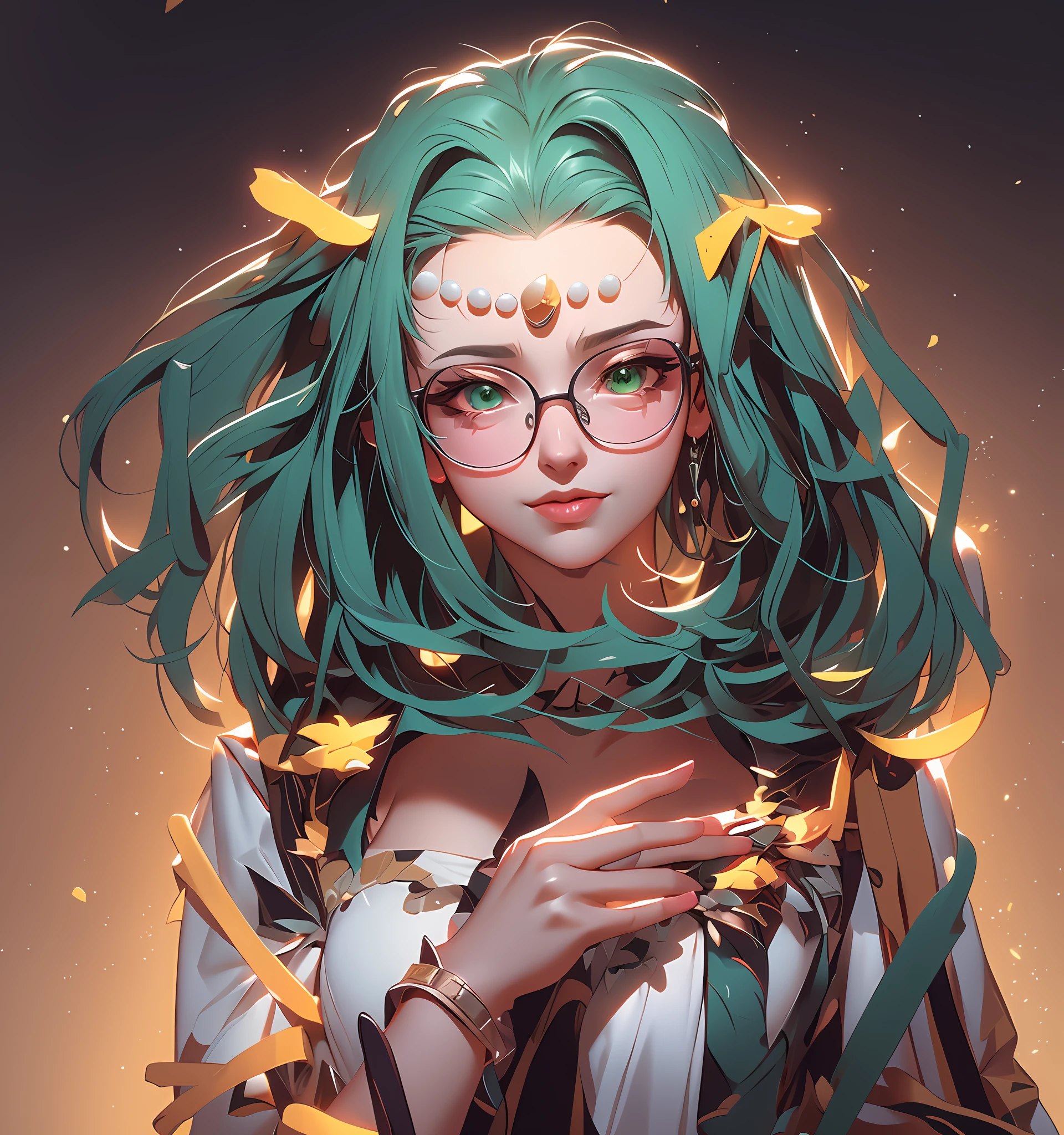 anime girl with green hair and glasses looking at herself in mirror, artwork in the style of guweiz, jazza and rossdraws, rossdraws and jazza, digital anime illustration, demon slayer rui fanart, made with anime painter studio, [ 4 k digital art ]!!, loish and ross tran, kda, anime styled digital art,masterpiece, best quality, (extremely detailed CG unity 8k wallpaper), (best quality), (best illustration), (best shadow), absurdres, realistic lighting,