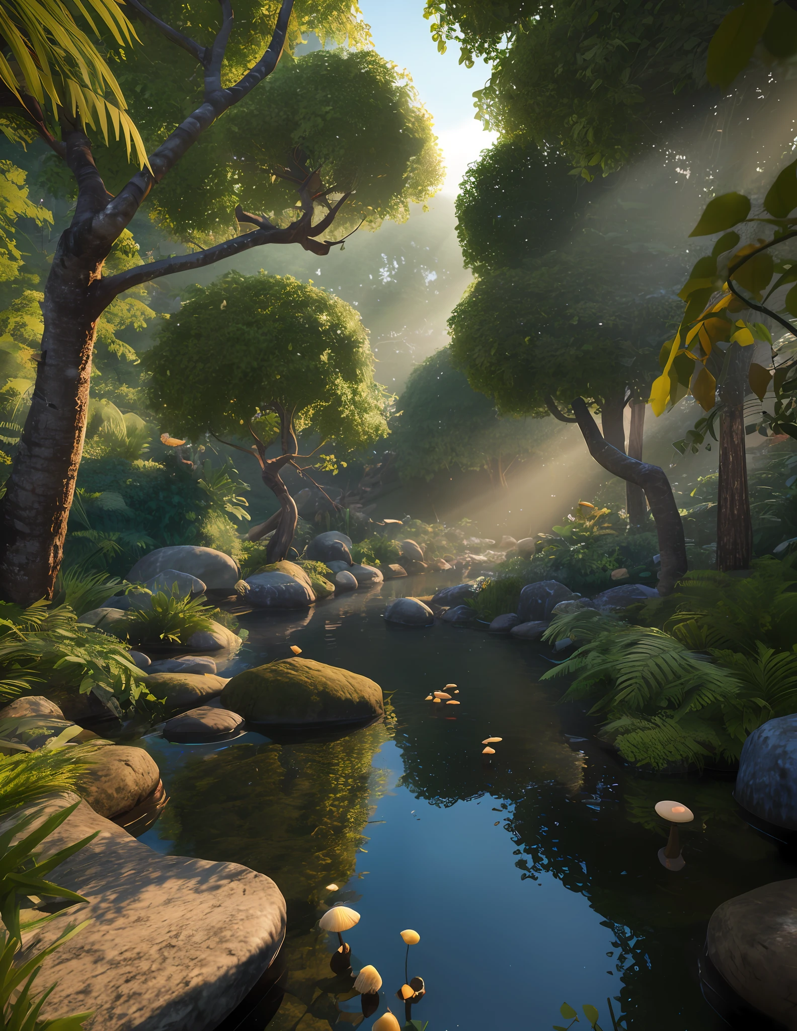 A masterpiece, the best quality, stunning reflections, the best reflections ever. (very detailed CG unity 8k wallpapers), (best quality), (best illustrations), (best shadows), forest theme with natural elements. Tall trees, quiet streams, small glowing mushrooms surrounded by delicate leaves and branches, (natural elements), (jungle theme), (leaves), (twigs), (delicate leaves), (glow), (particle effects). , Isometric 3D, Octane Rendering, Ray Traced, Super Detailed