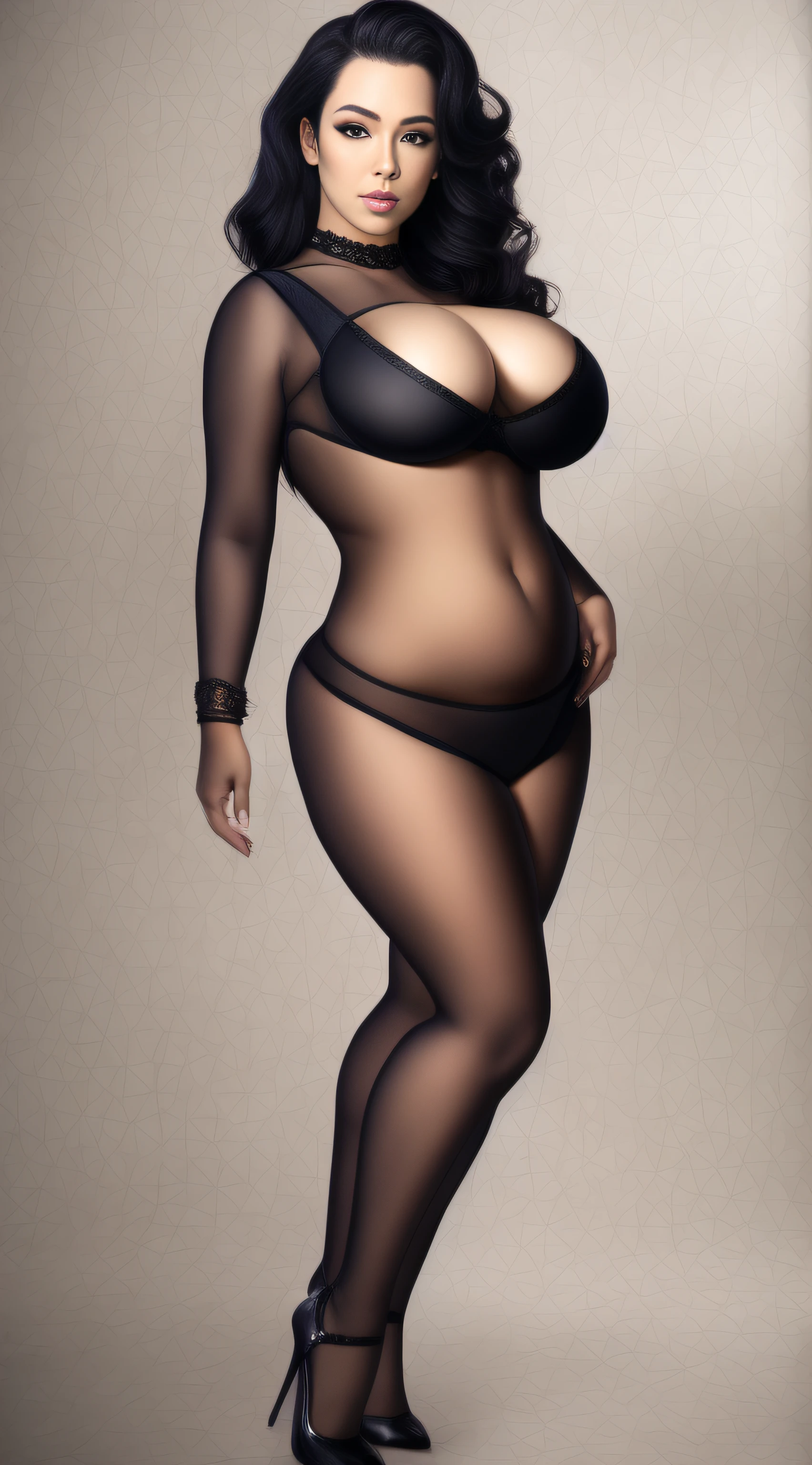 A woman wears black sheer underwear,black thong,Stand in the bedroom, Big wavy hairstyle,and hold your head in your hands,angela white,Pose head-on,Full body art photo,Angela White,Wear yours with a thong, Big breasts!, big breast size,Voluptious body,Plump body,Hourglass figure,voluptuous, Curvaceous. Detailed,detail-rich,ultra-clear,attractive feminine curves,photoreal render,realistic shadow perfect body,sfv,photorealistic perfect body,Curvy