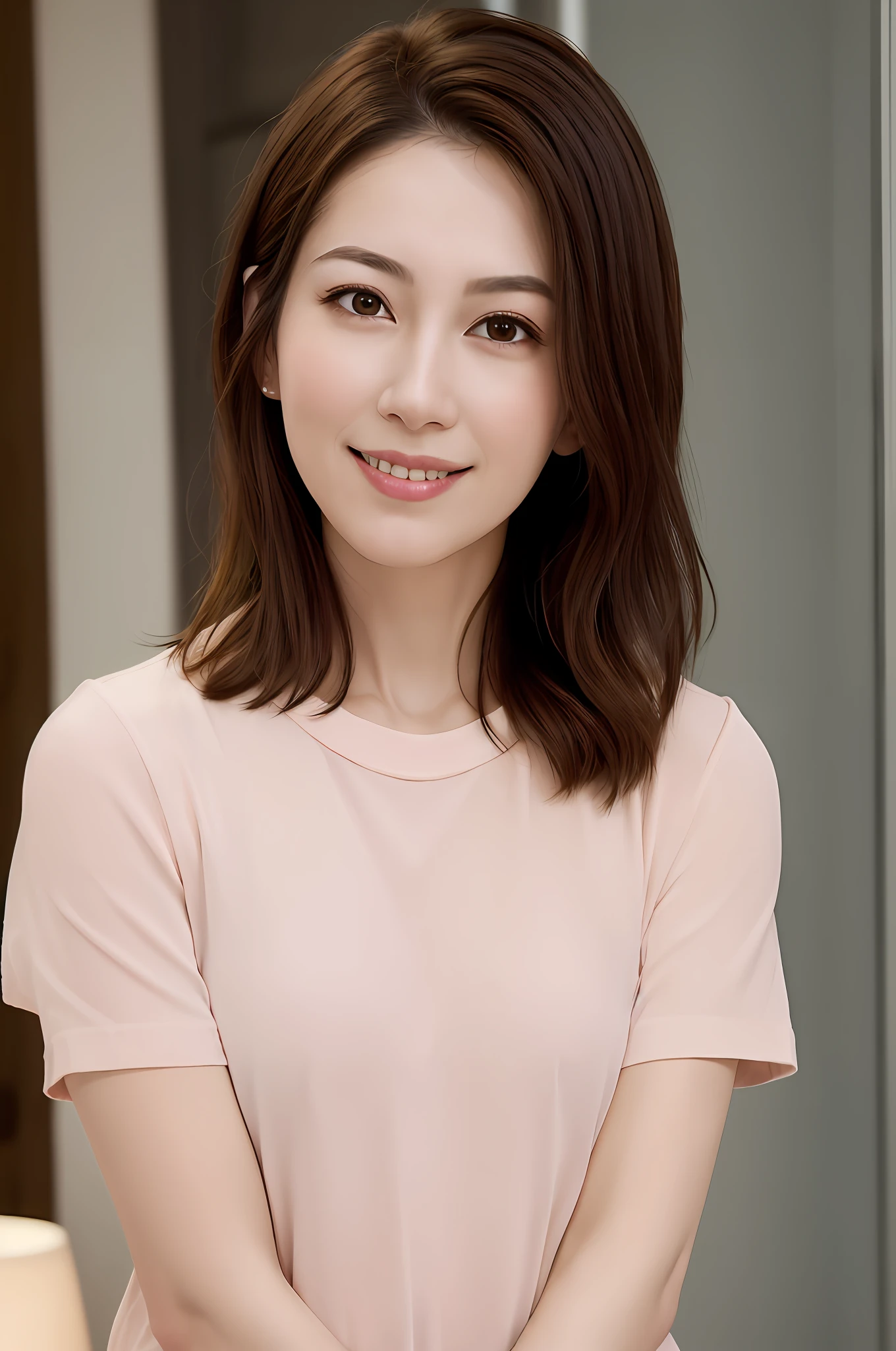 Dressed, (Photorealistic: 1.4), (Hyperrealistic: 1.4), (Realistic: 1.3), (Smooth lighting: 1.05), (Improved Cinematic Lighting: 0.9), 32K, 1 girl, 40 year old girl, Realistic lighting, The light from the back window is backlighted, Face Lights, Ray tracing, (Whitening Light: 1.2), (image quality improvement: 1.4), ( Best image quality real skin: 1.4), Fine eyes, Fine face, Fine eyes, (joy, Blush), (Tiredness and sleepiness，satisfy), Face up, T-shirt, (increase in mood of body line: 1.1), clean suit (increase in beauty of skin texture: 1.1),