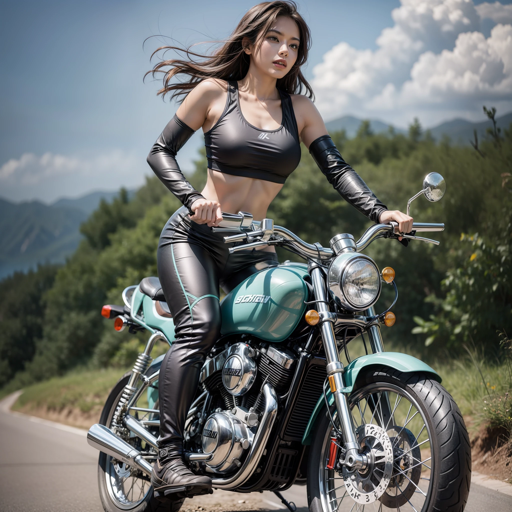 woman in a sports bra top lifting motorbike with both hands