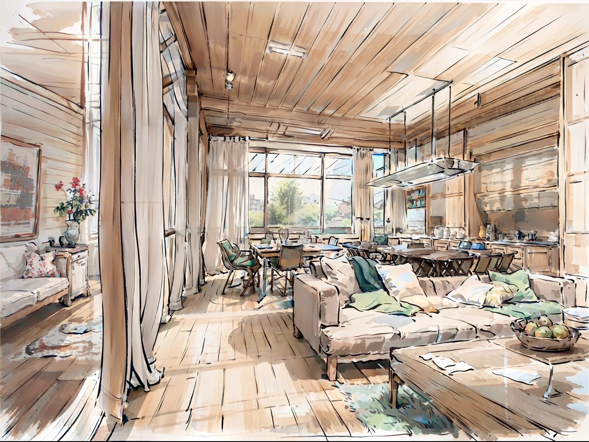 a sketch of a beautiful modern living room, (((foster and partners, artists impression, artistic impression, by Hamish MacDonald, by Carey Morris, by David Brewster, higher detailed illustration, by Helen Berman, an illustration, detailed illustration, by Nick Fudge, by Warren Mahy, artist's impression))), a kitchen cabinet behind the white sofa, with minimal pictures on the wall, linen curtain next to the classroom window, coffee table, modern wood, ceiling with magnetic emissive lighting, white fabric PRB textures, wooden floor PRB texture,
