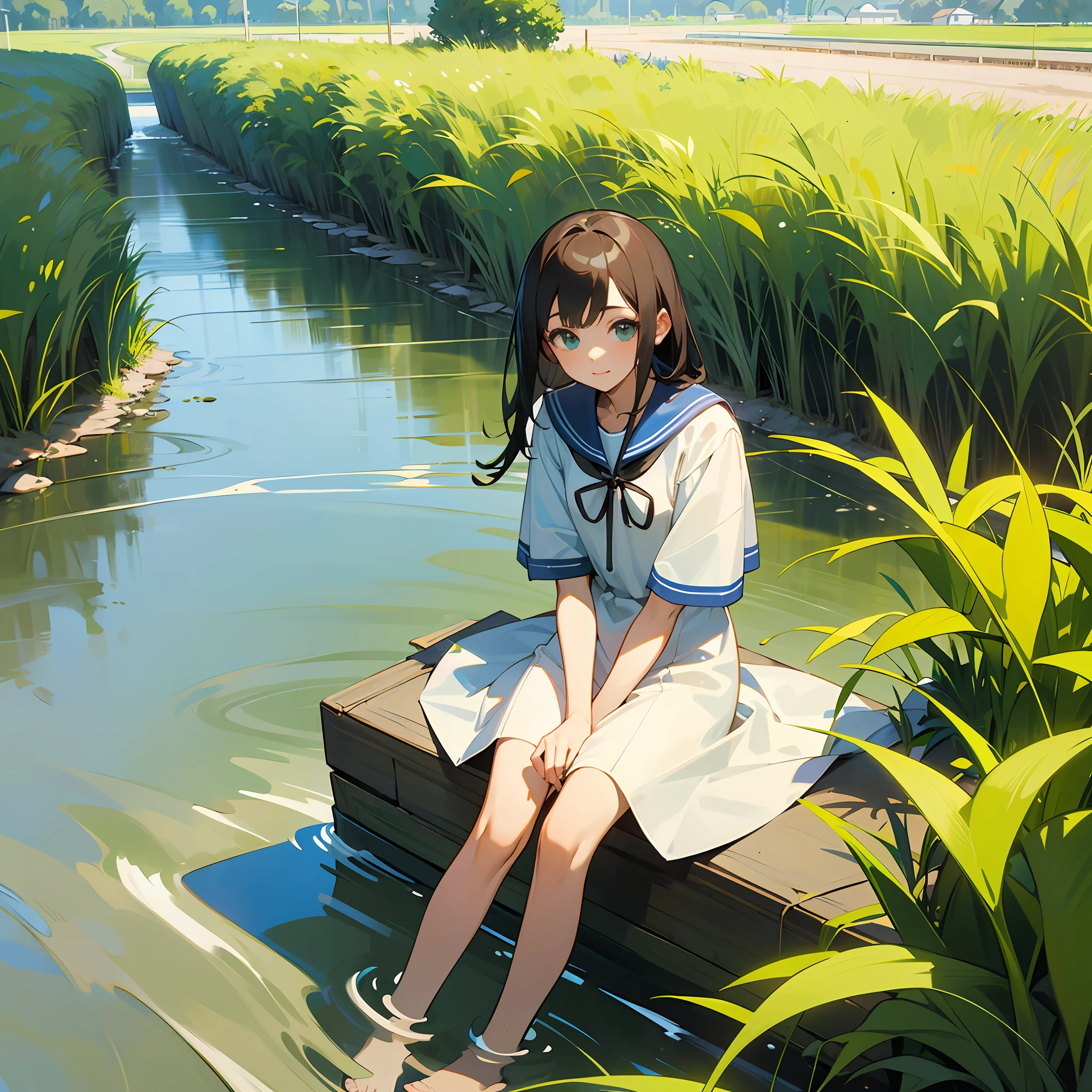 ​masterpiece、Top image quality、1 girl in、Beautiful countryside、A small irrigation canal flowing beside a field、Sitting on the bank、In the barefoot position of the creek、Sing a song、The appearance of a neat and clean girl、Wearing a knee-length sailor suit 、Sitting on the bank、One girl dipping her feet in the river --auto