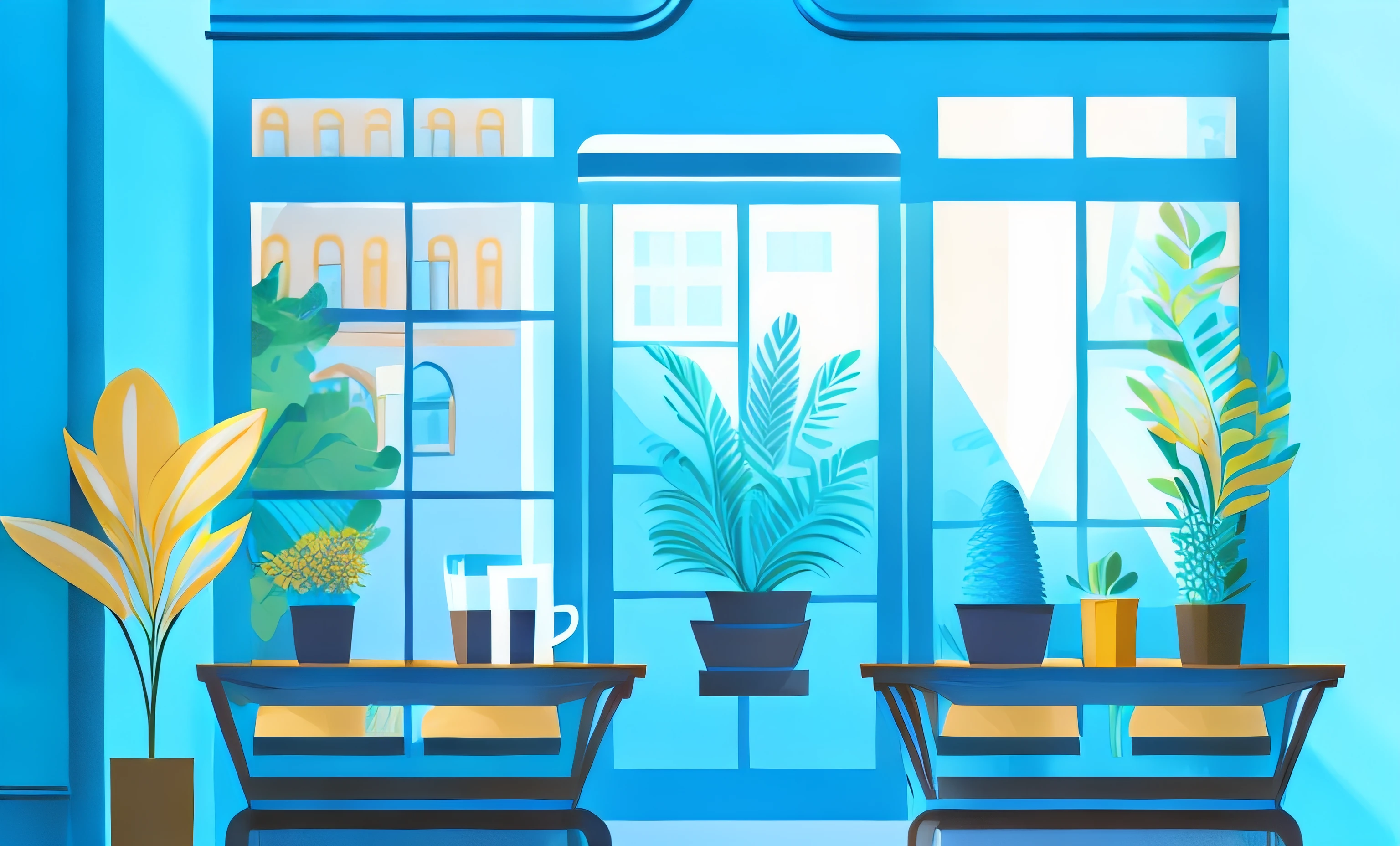 Graphic design，Coffee shop with large glass windows，The walls of the coffee shop are blue，There are greenery next to the windows，Bright street view，There are light and shadows，The background is blue，with a simple background，There are trees，florals，styled，blue colors，hyper-high detail，flatillustration，