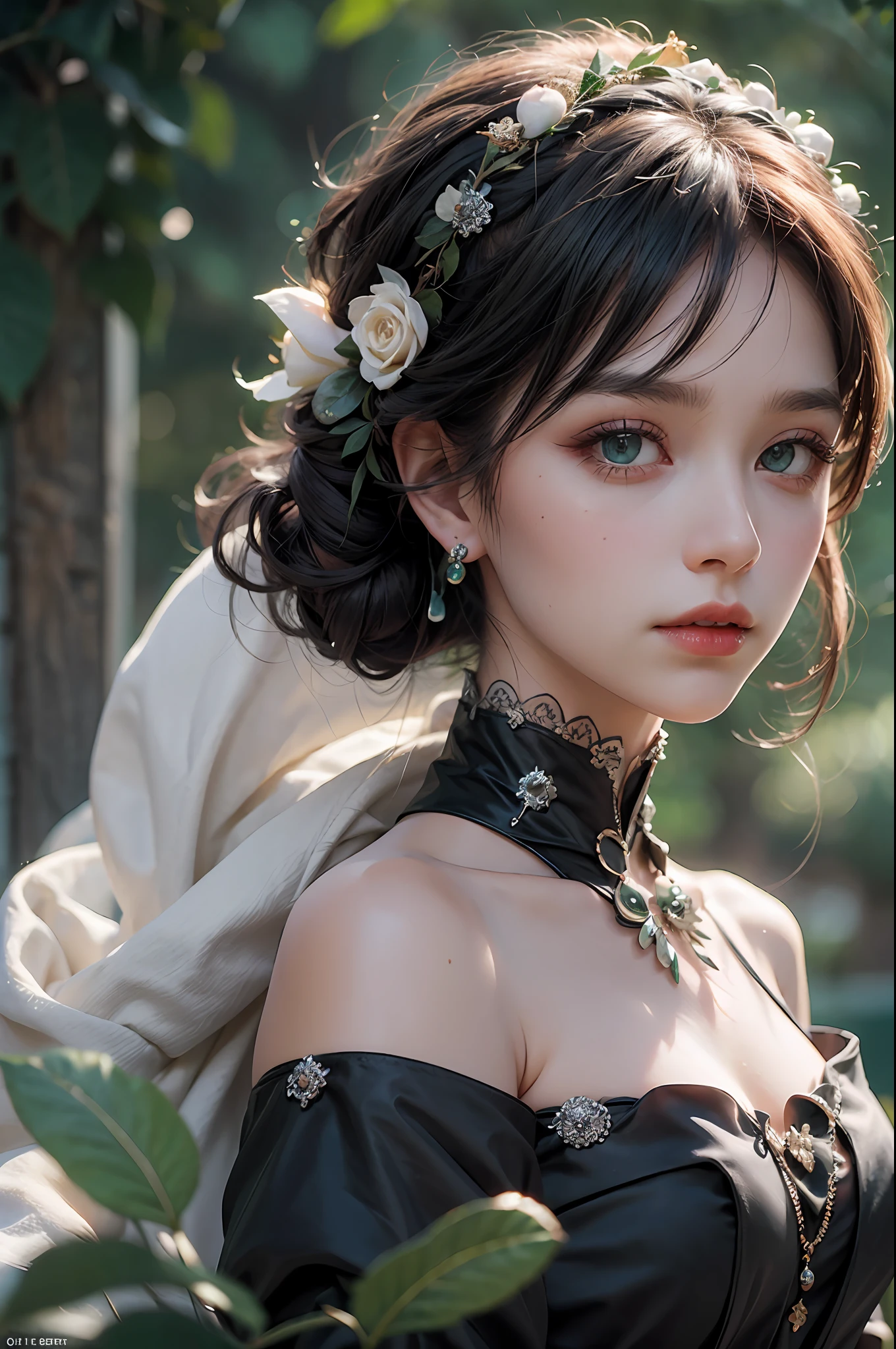 a woman in black victorian dress,Robes,skull trinkets,dark roses, green topaz eyes, Various fashionable hairstyles, Makeup:0.4, (earing,cervical vertebra), Princess stuff, snow forest background, snowfall, Delicate eyes, Bigchest, Cinematic lighting, ultra hi-res photo, (Masterpiece,Top quality,Realistic),