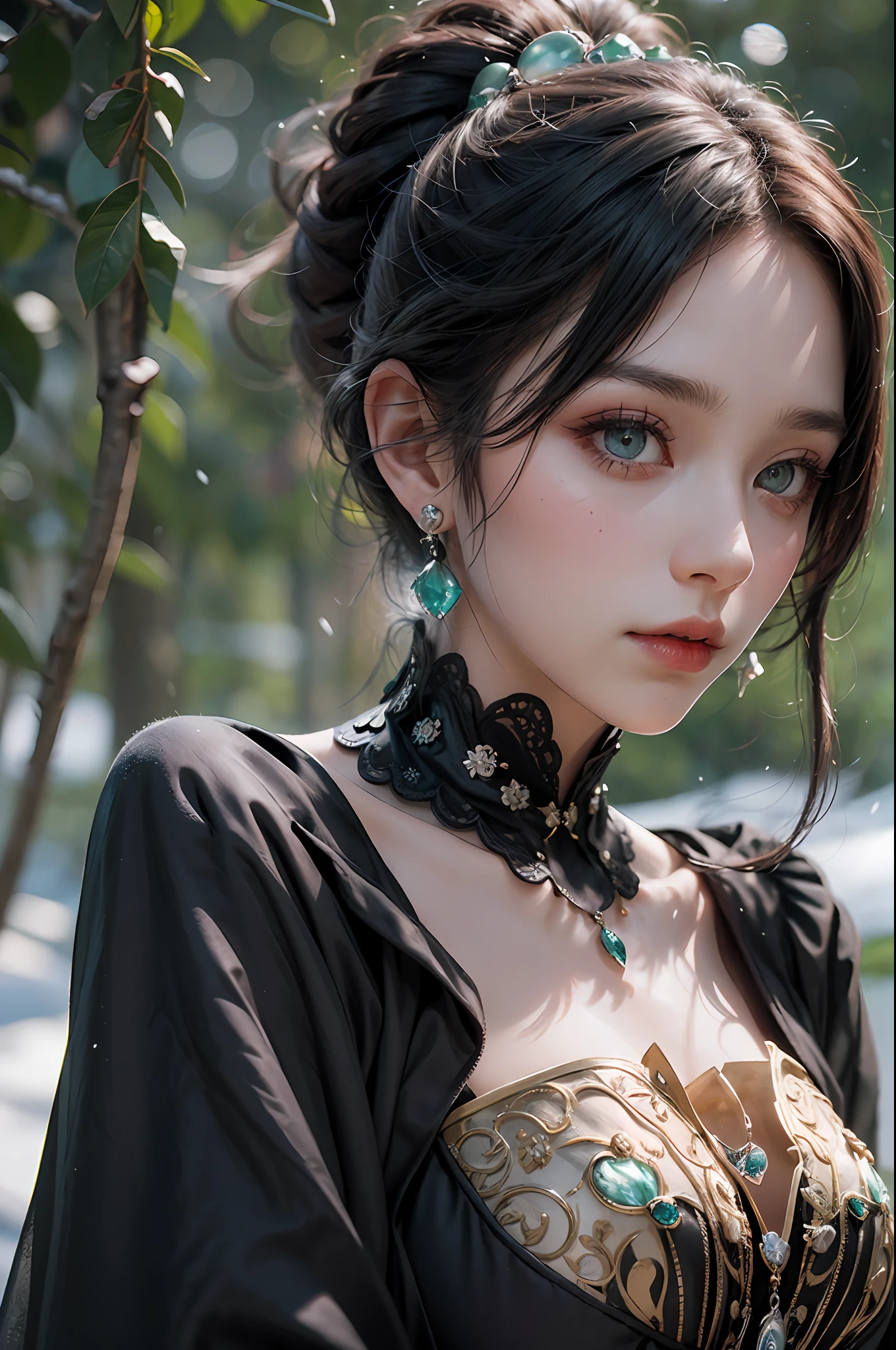 a woman in black victorian dress,Robes,skull trinkets,dark roses, green topaz eyes, Various fashionable hairstyles, Makeup:0.4, (earing,cervical vertebra), Princess stuff, snow forest background, snowfall, Delicate eyes, Bigchest, Cinematic lighting, ultra hi-res photo, (Masterpiece,Top quality,Realistic),