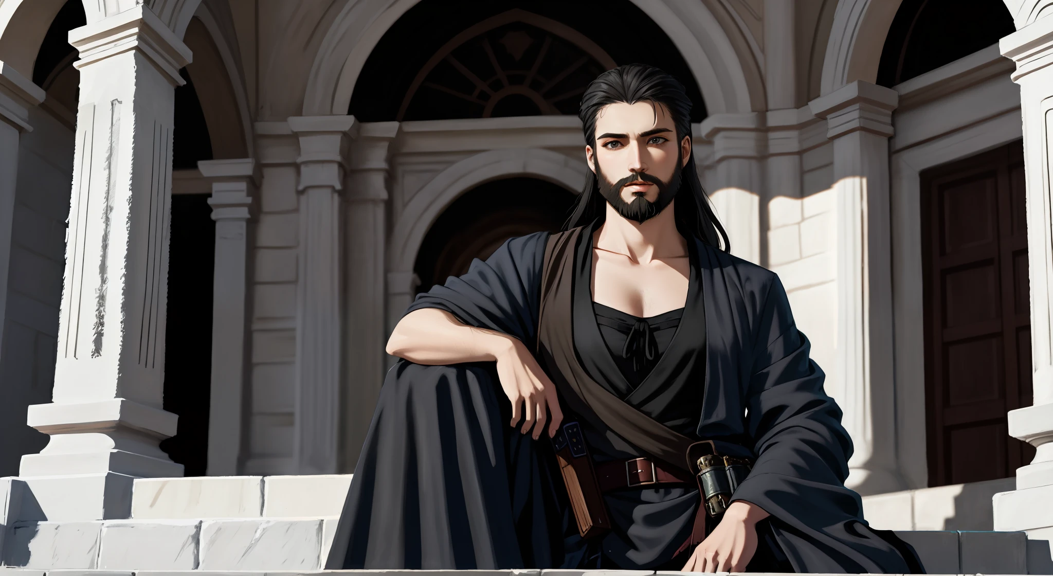 Realistic and high quality epic art，mtu，Sparse beard，black toga，mages，full bodyesbian，Western European architecture，arma，high-necked